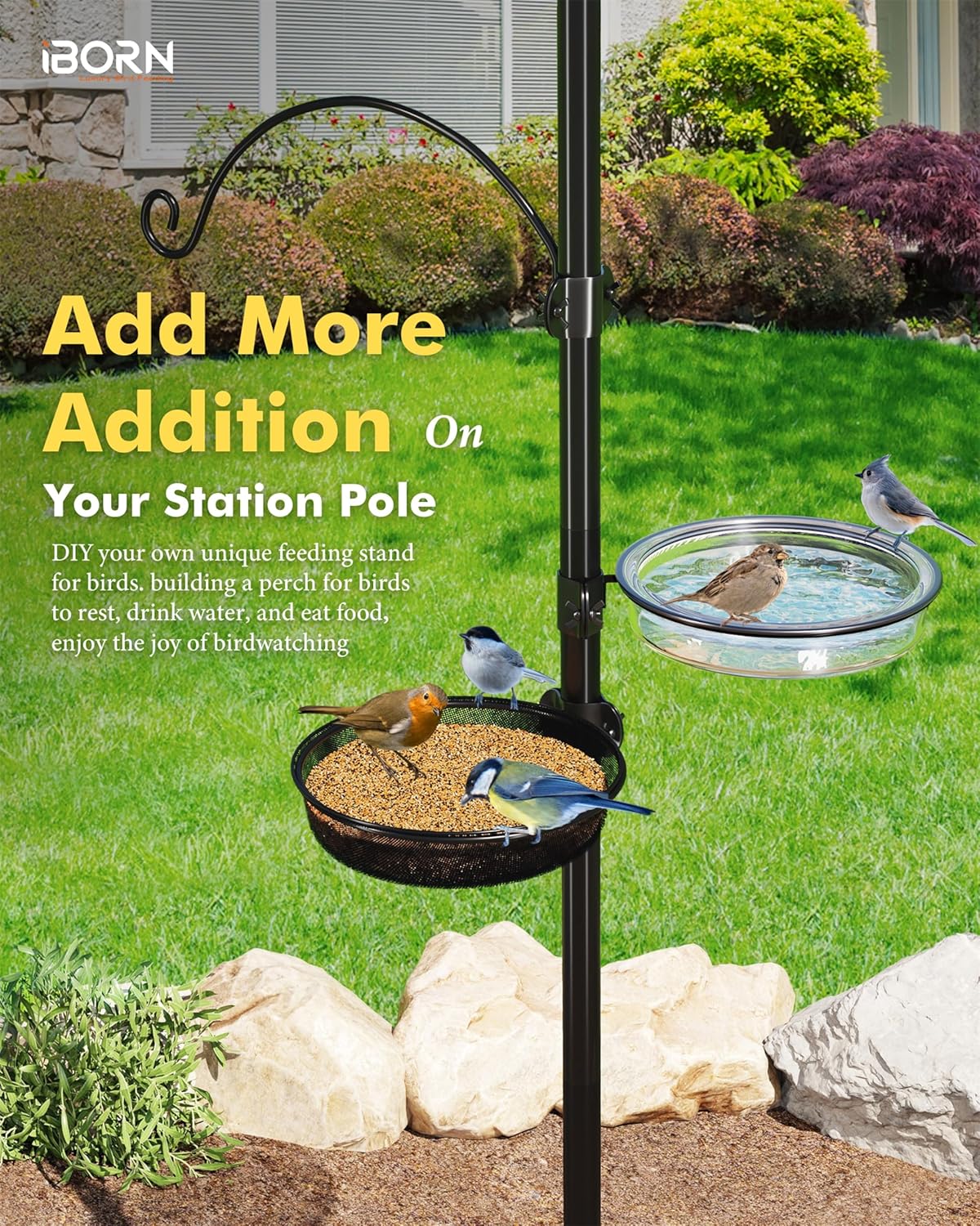 iBorn Bird Feeders Station Mesh Tray and Ring for 1” Pole Stand Station Outdoor Accessory for Humming Bird Feeders for Outside,Fit for 1 Inch Pole, Pack of 1 (Mesh & Water Tray, Pack of 2)