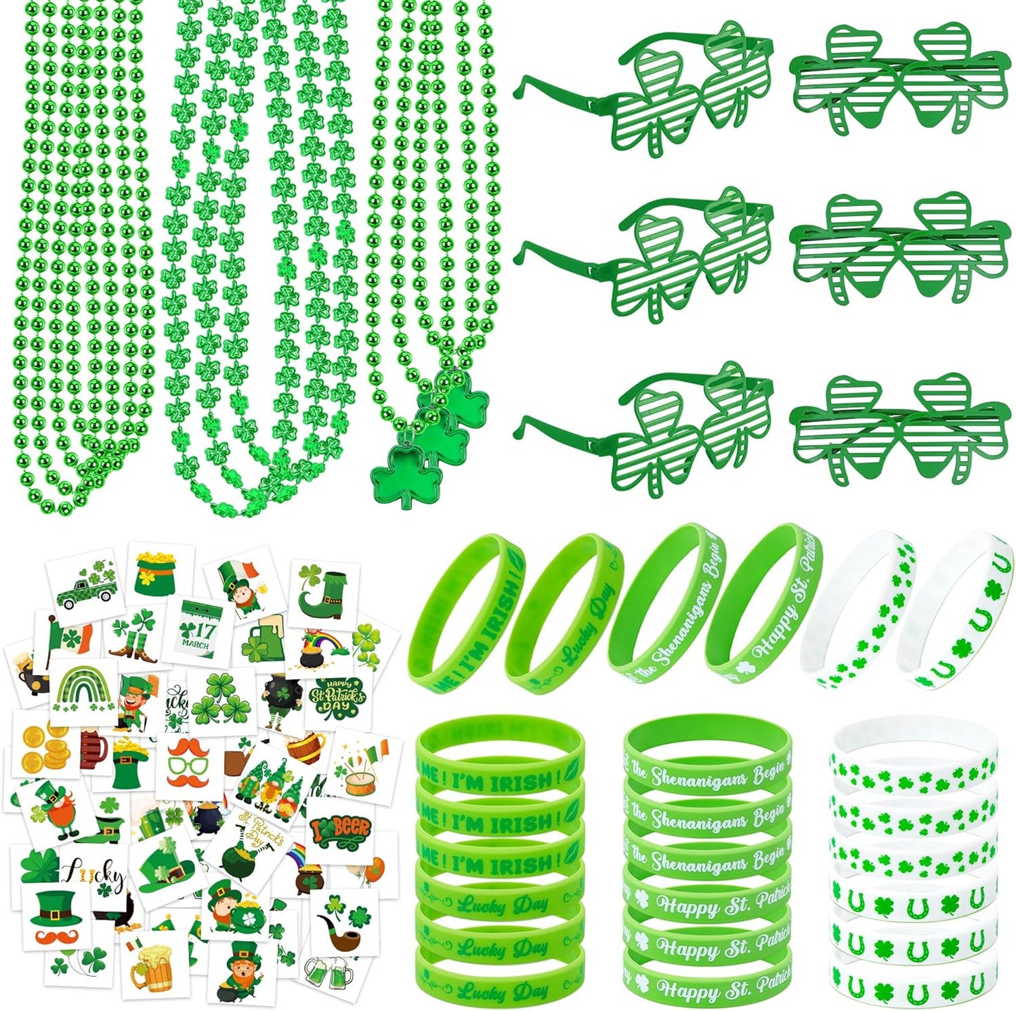 140PCS St Patricks Day Accessories, St. Patrick's Day Glasses Bracelets Tattoos Beads, Irish Glasses Bracelets Tattoos Beads Stuff Bulk, Shamrock Saint Patricks Parade Throw Party Favor Decor