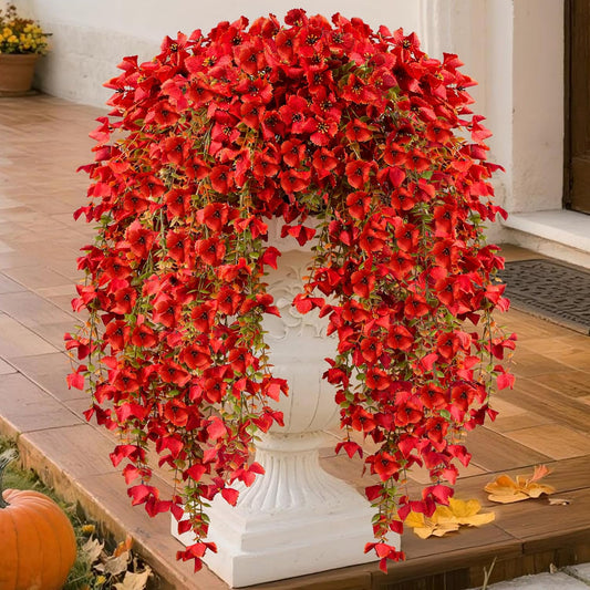 Artificial Fall Hanging Flowers Plants for Outdoors, 2Pcs Faux Silk Fake Hydrangea Mums for Autumn, UV Resistant Realistic Plants for Home Garden Porch Patio Balcony Planter Yard (2Pcs Fall Orange)