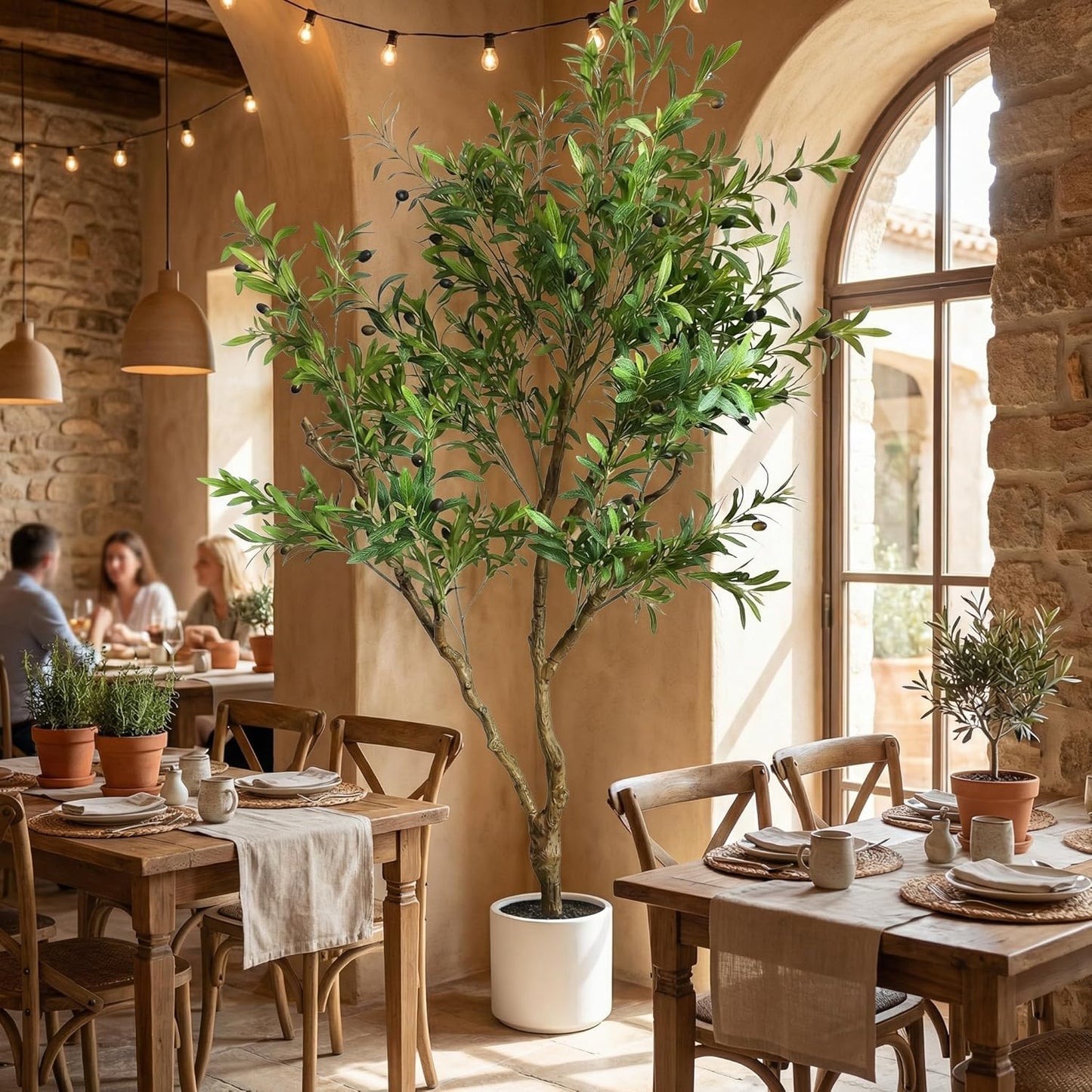 Artificial Olive Tree 7ft with Realistic Leaves, Dewdrops and Olives, Full and Grand Design Faux Tree with Sturdy Base for Indoor Outdoor Office Decor (Without Dewdrops)