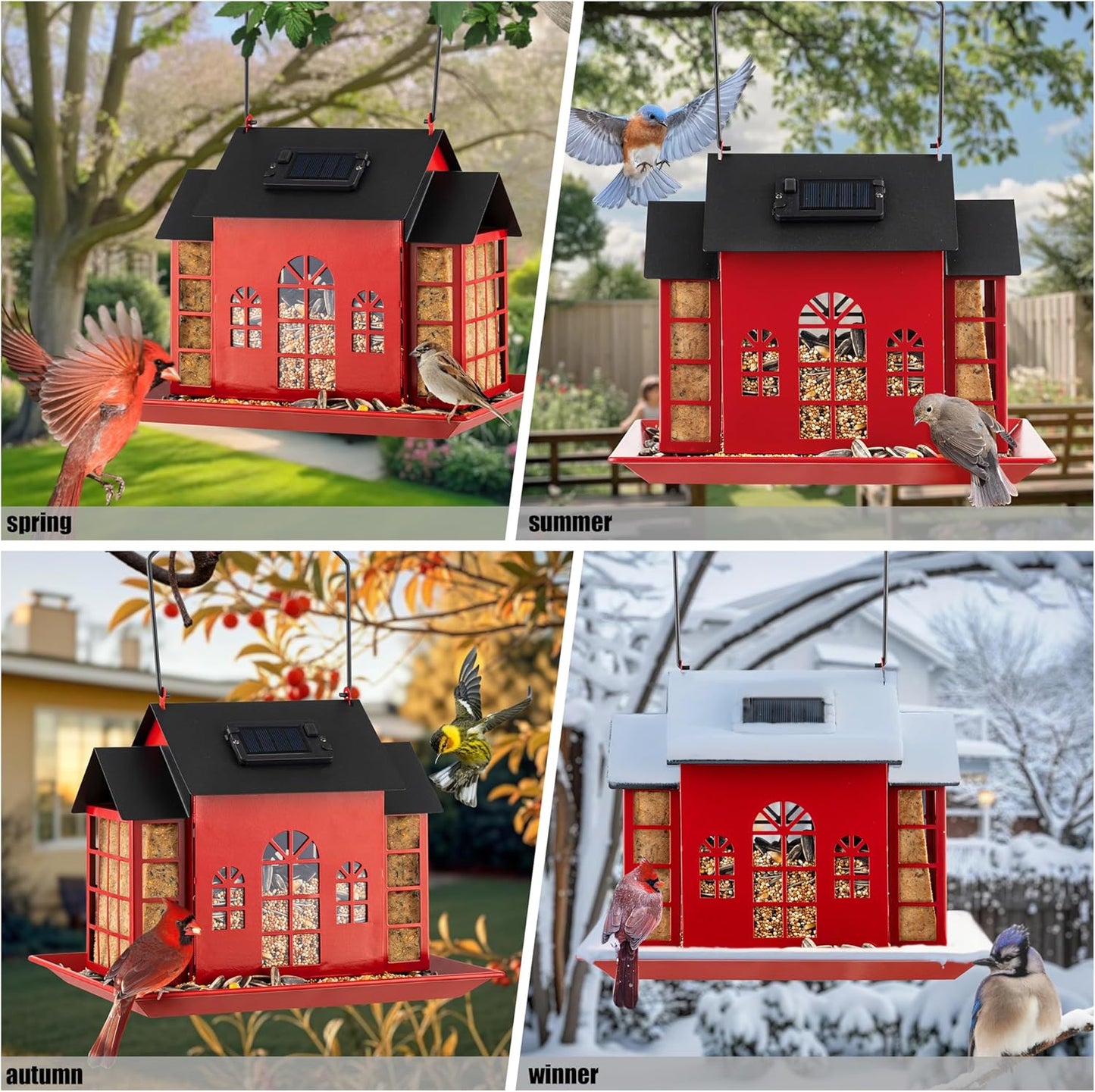 Solar Bird Feeder House for Outdoors Hanging, for Teens Women Grandma,Solar Metal Large Capacity Birdfeeders Hanging Outside,Cardinal Wild Large Bird Feeder with Suet Cages,Garden Decor