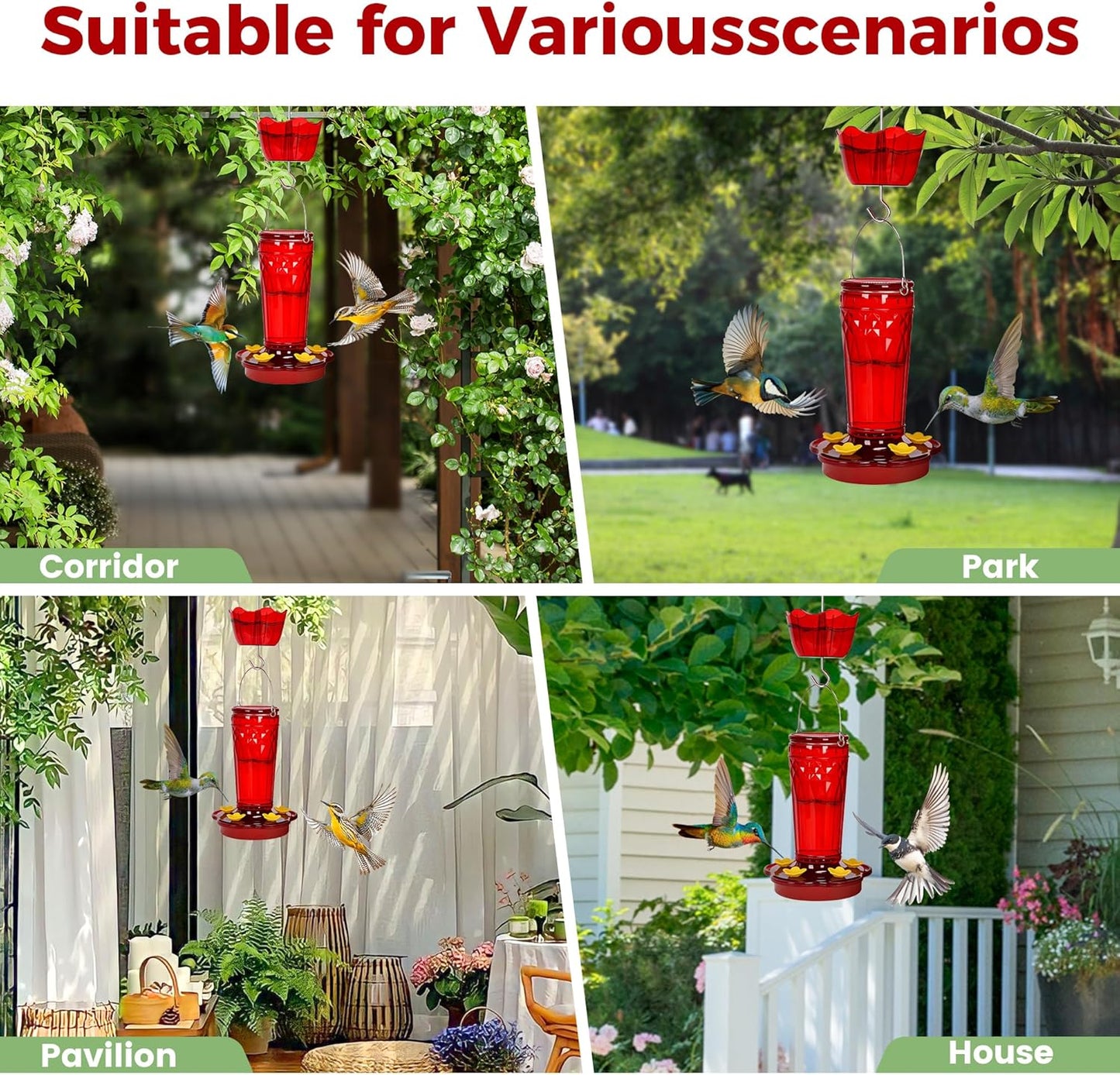 Glass Hummingbird feeders for Outdoors 2pack-14Ounces，5 Feeding Ports Hummingbird Feeder,Wide Mouth for Easy Filling/Cleaning，Hanging for Garden Backyard Decor, Includes Ant Moat (Red)