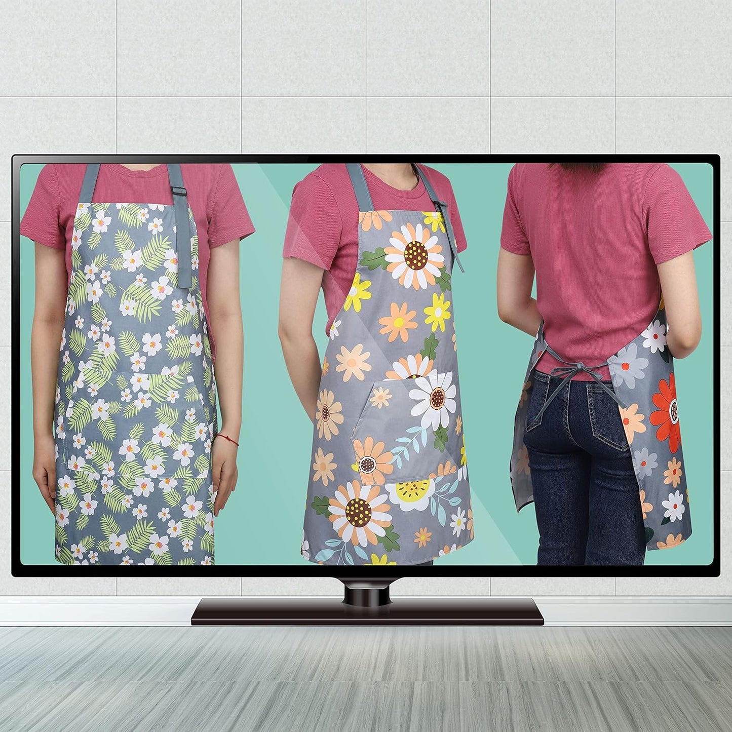 BOUMUSOE 3 Pack Floral Aprons with Pocket, Blooming Womens Aprons Wate