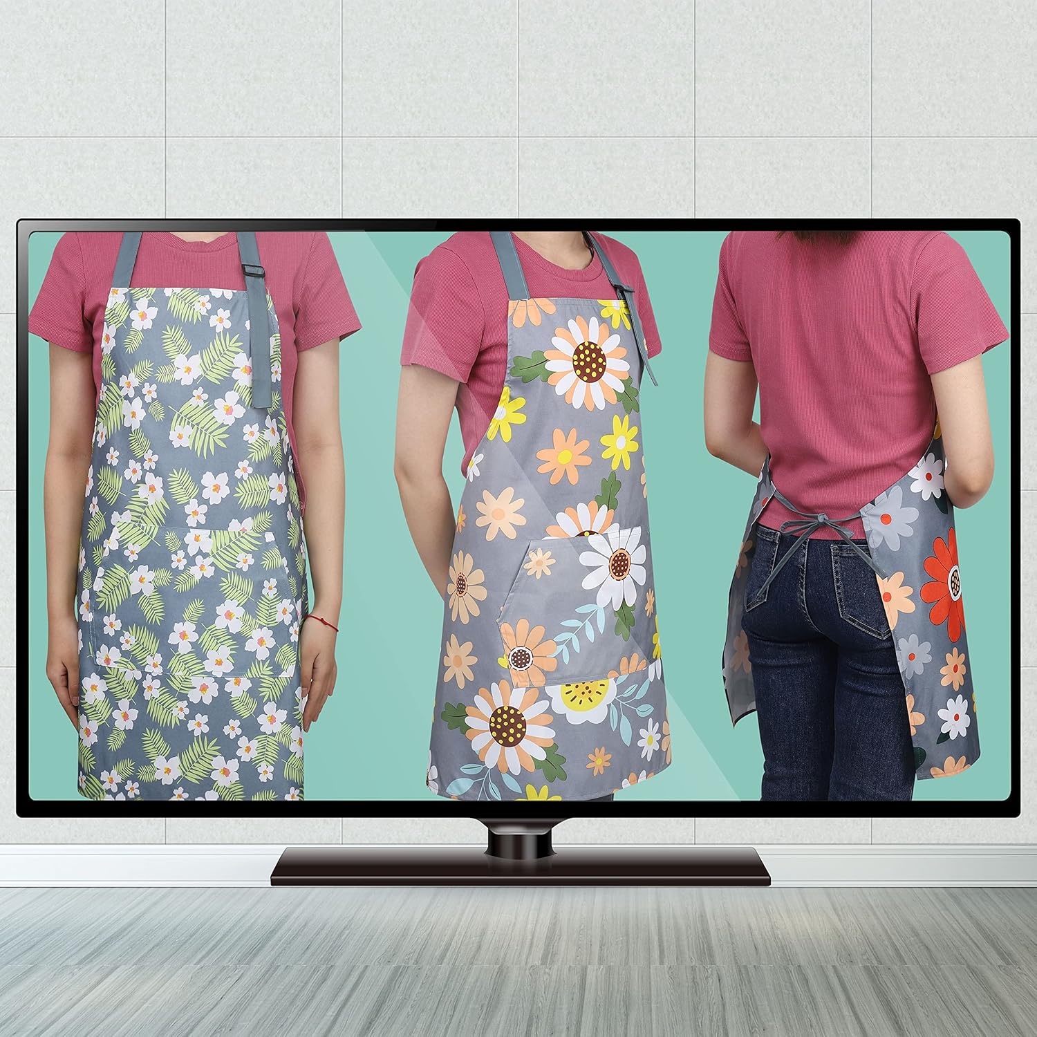 BOUMUSOE 3 Pack Floral Aprons with Pocket, Blooming Womens Aprons Wate