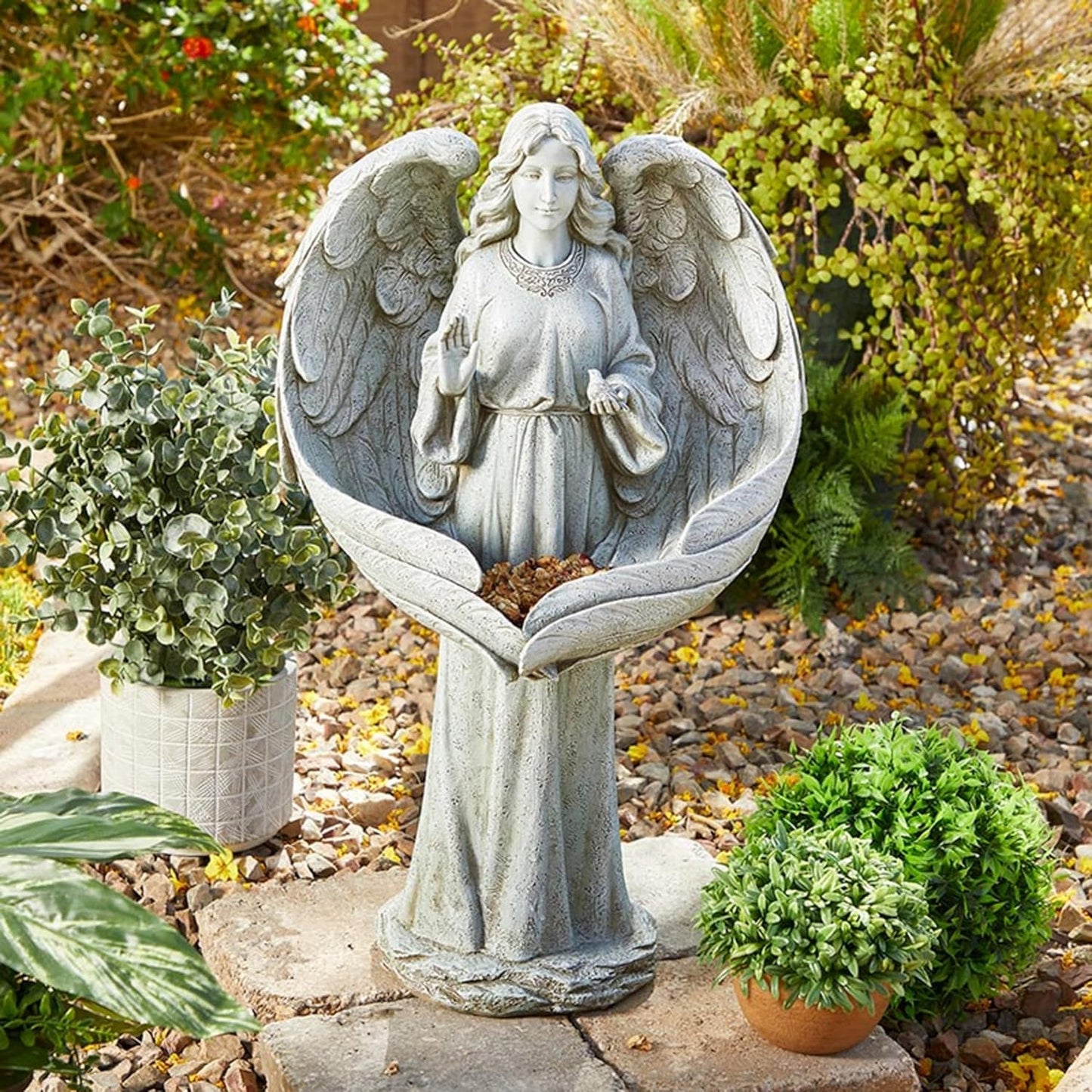 Garden Statue 21.25" Tall Stone-Resin Angel Bird Bath/Feeder Outdoor Sculpture
