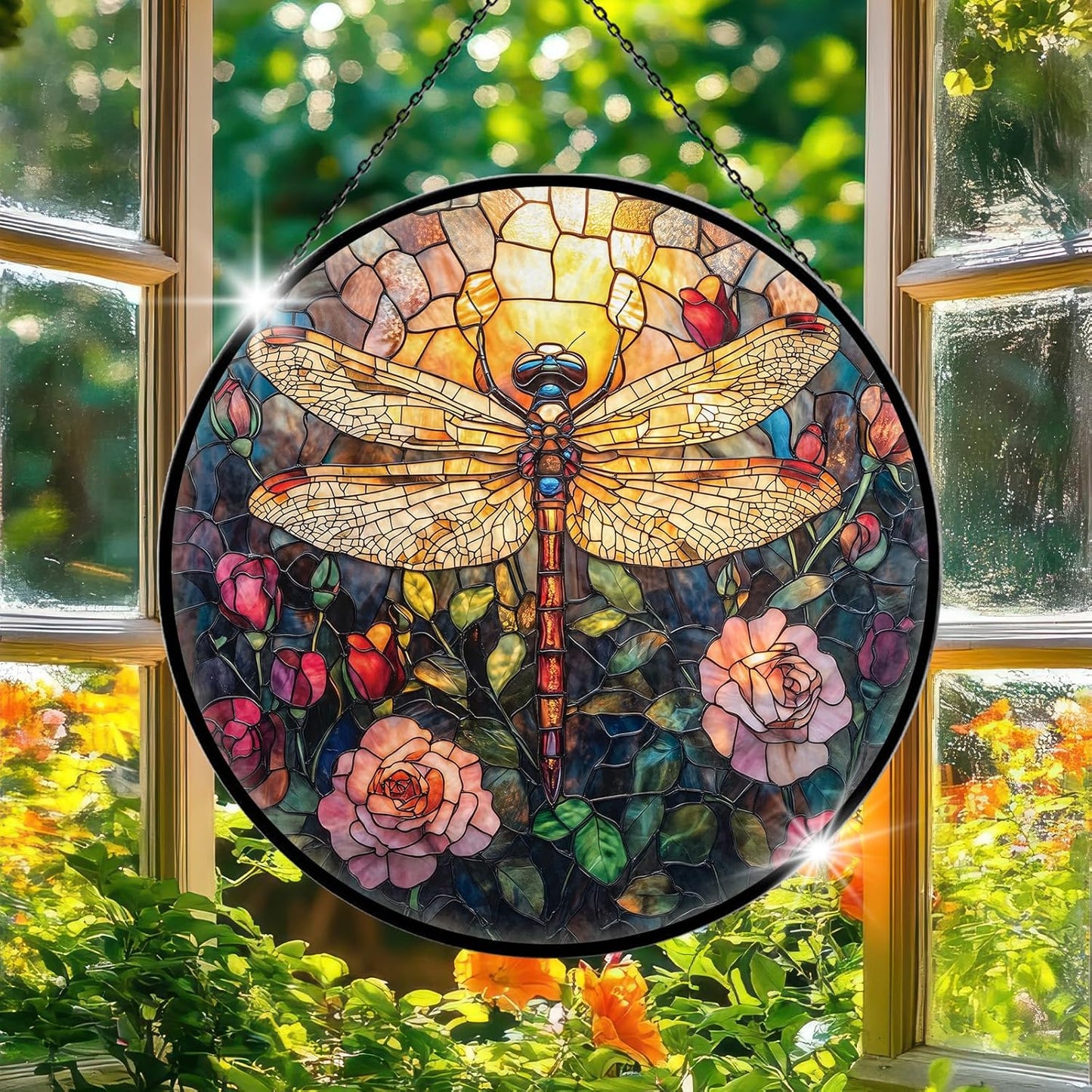 Dragonfly Stained Glass Window Hanging, 7.9" Dragonflies Plant Decor Suncatcher, Dragonfly Gifts for Women, Dragonflies Decor Handmade Suncatcher for Garden Home, Christmas Birthday Housewarming Gifts