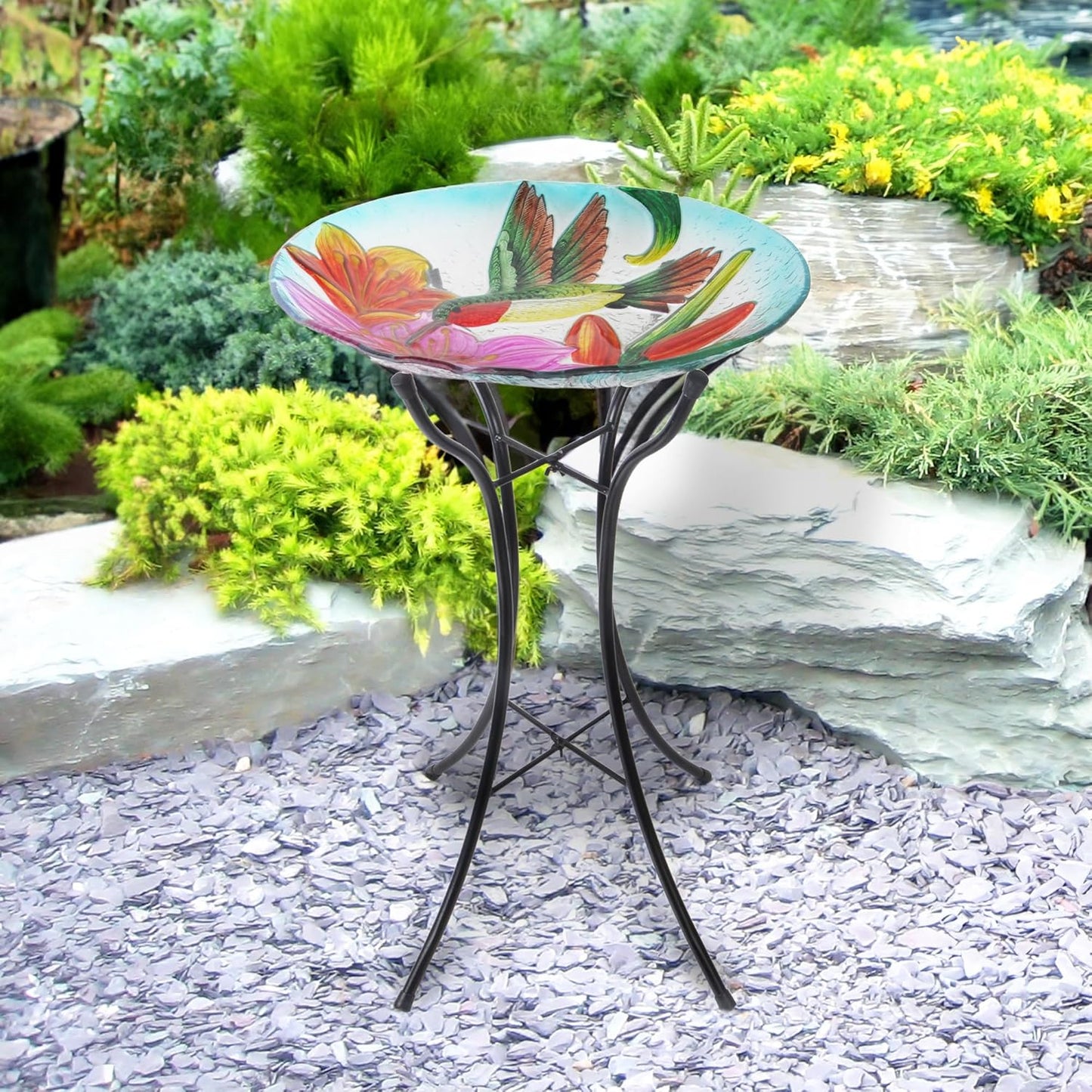 Teamson Home Handpainted Hummingbird Fusion Glass Birdbath Bowl Feeder with Metal Stand for Outdoor Patio Garden Backyard Decking, 21 Inch Height, Purple/Light Blue