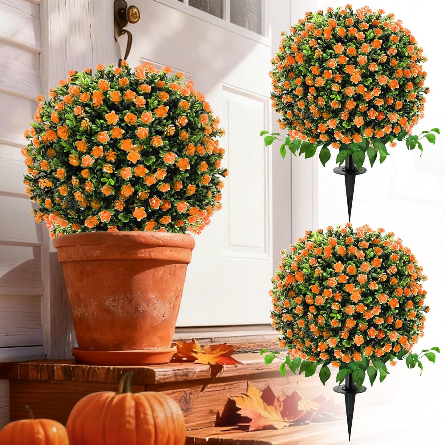 28" Artificial Flower Bushes with Ground Stakes – Artificial Boxwood Topiary Trees with Roses Orange Faux Floral Plants with Autumn Leaves for Outdoor Thanksgiving, Garden, Pathway, Porch Décor