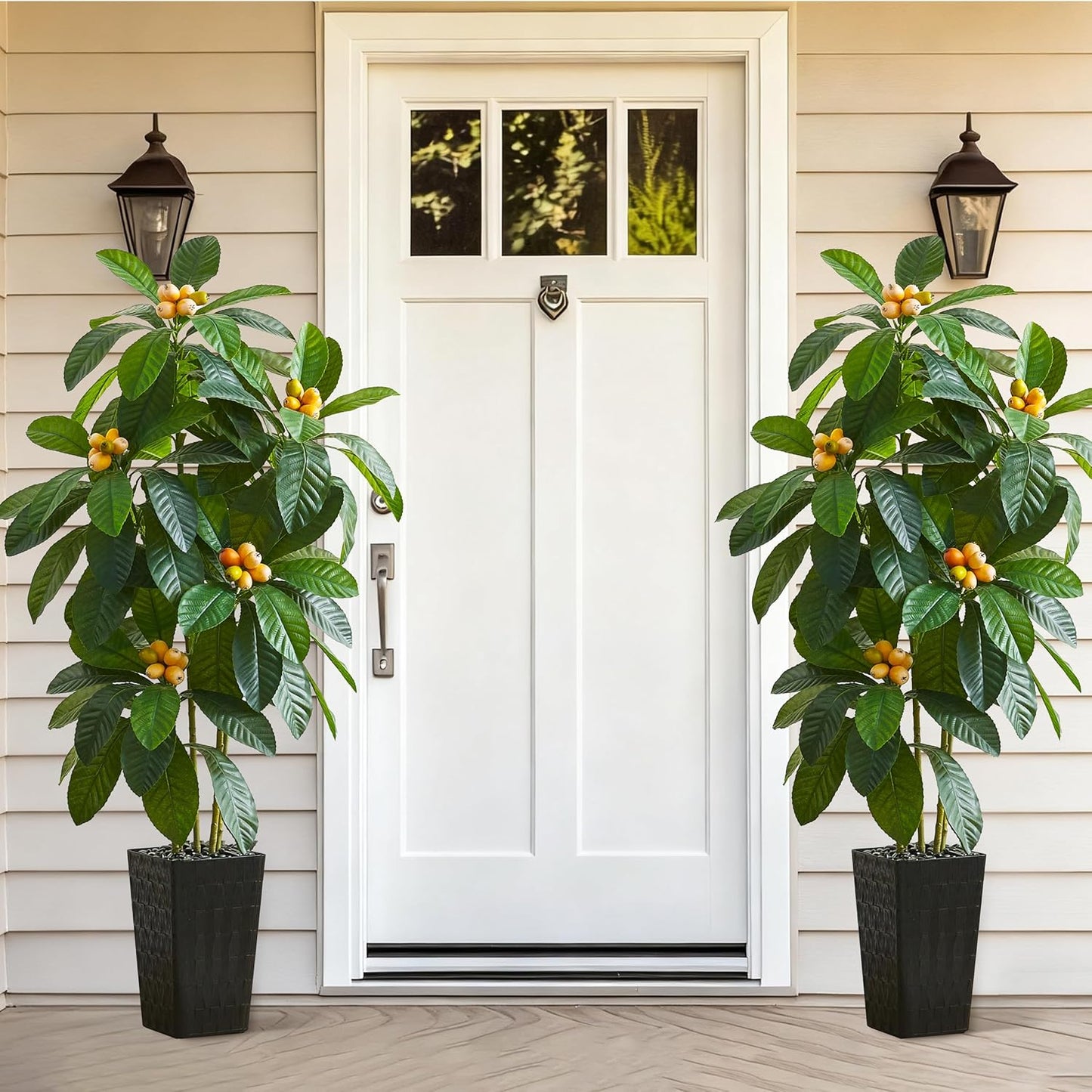 5FT Artificial Tree with Fruit, Artificial Loquat Tree, Large Fake Green Tropical Fruit Tree Silk Floor Plants Indoor with Black Planter for Outdoor Home Room Office Patio Decor