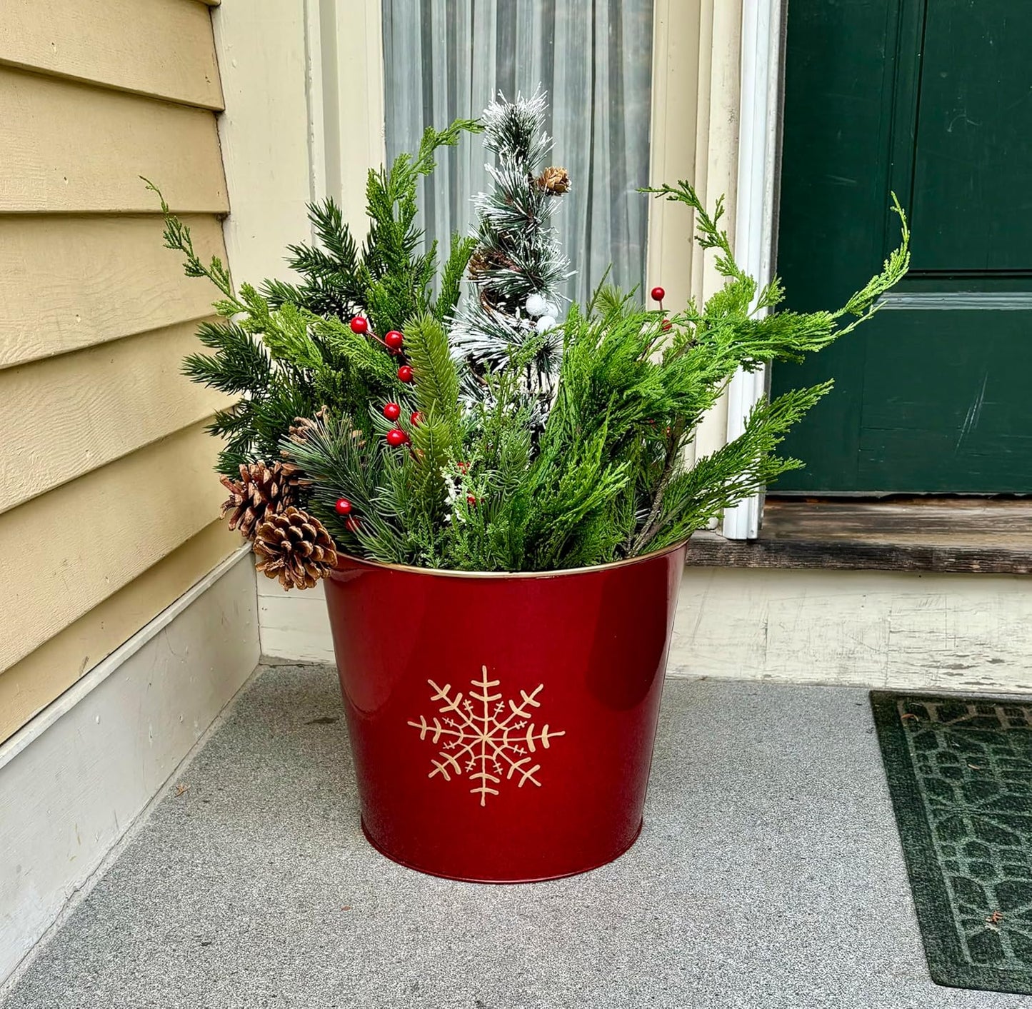 Red Galvanized Metal Christmas Planter Bucket with Snowflake Design, 10.5" Height, 12" Diameter, Set of 2