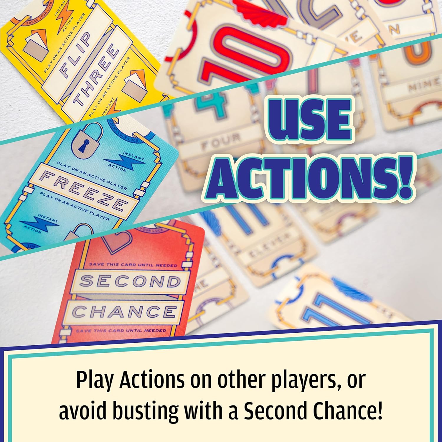 USAOPOLY Flip 7, The Ultimate Blend of Press Your Luck & Strategy, Fas