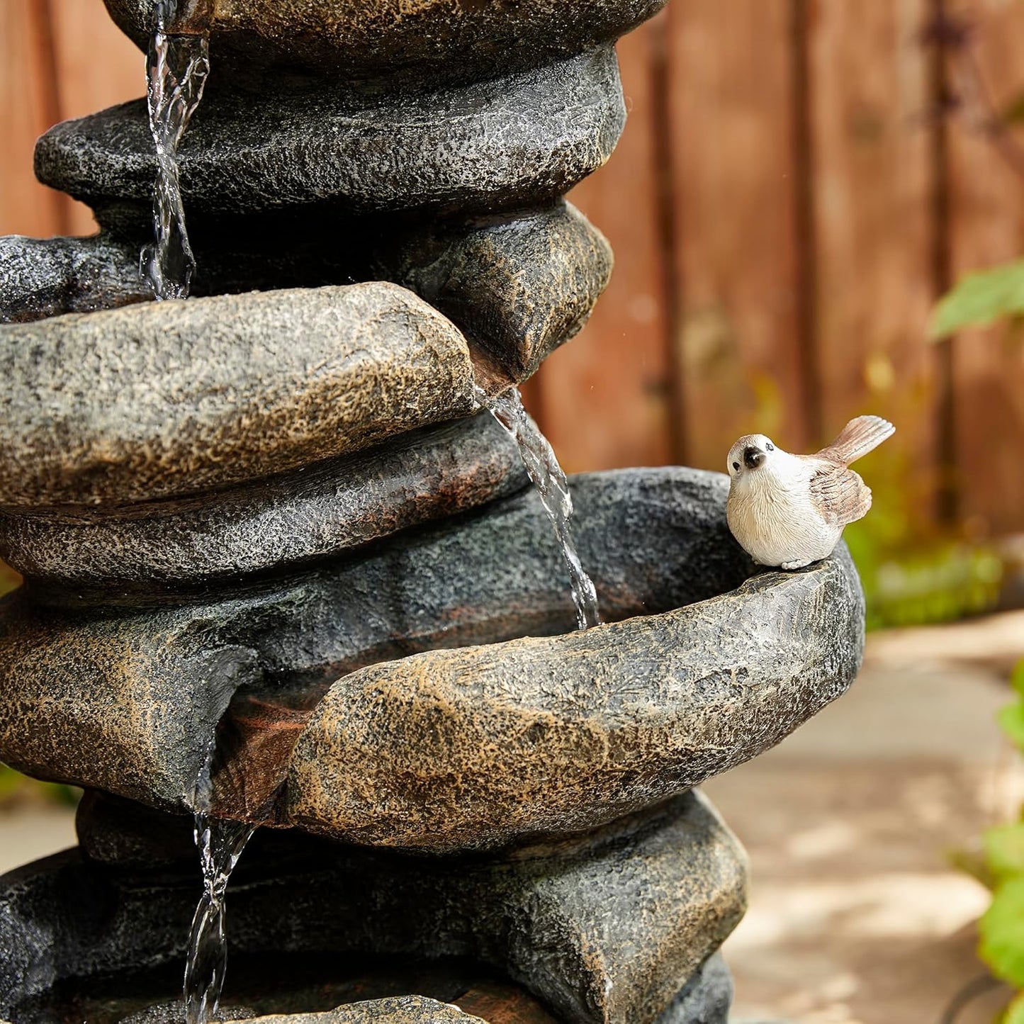 Glitzhome 5-Tier Cascading Rock Outdoor Water Fountain with LED Light & Pump, Natural Stacked Stone Look Water Fountain with Lively Birds for Garden, Patio, Porch, 23”H