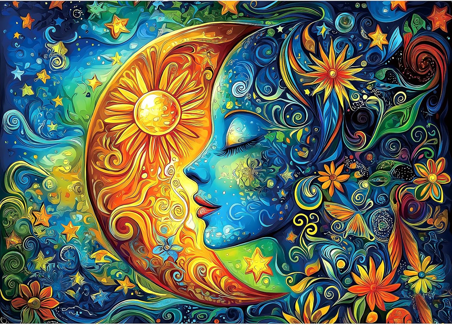 Moon Puzzles for Adults 1000 Pieces Blue Girl Face Art Flowers Puzzle 