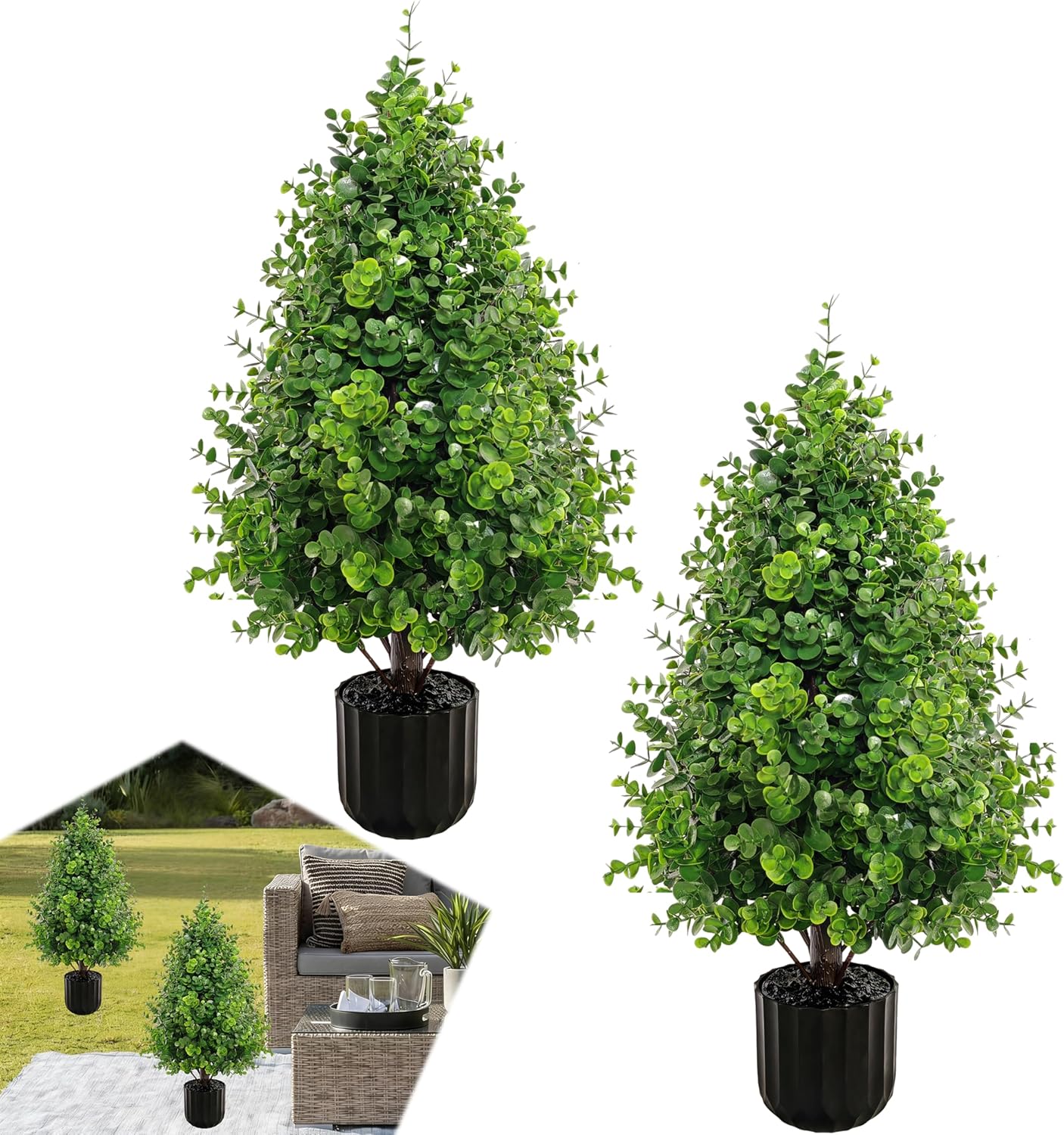 Artificial Cedar Topiary Boxwood Trees Oudoor Indoor Set of 2, 2.3FT Potted Faux Cypress Tree Plants with Pot, UV Rated Fake Evergreen Stems Tree for Outdoor Planters Front Door Offices