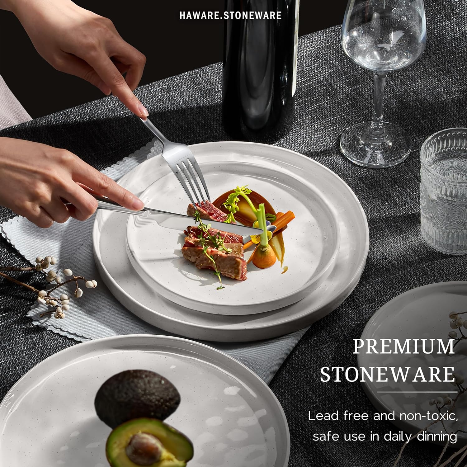 HaWare Dinnerware Sets, 12-Piece Plates and Bowls Set, Stoneware Dish 