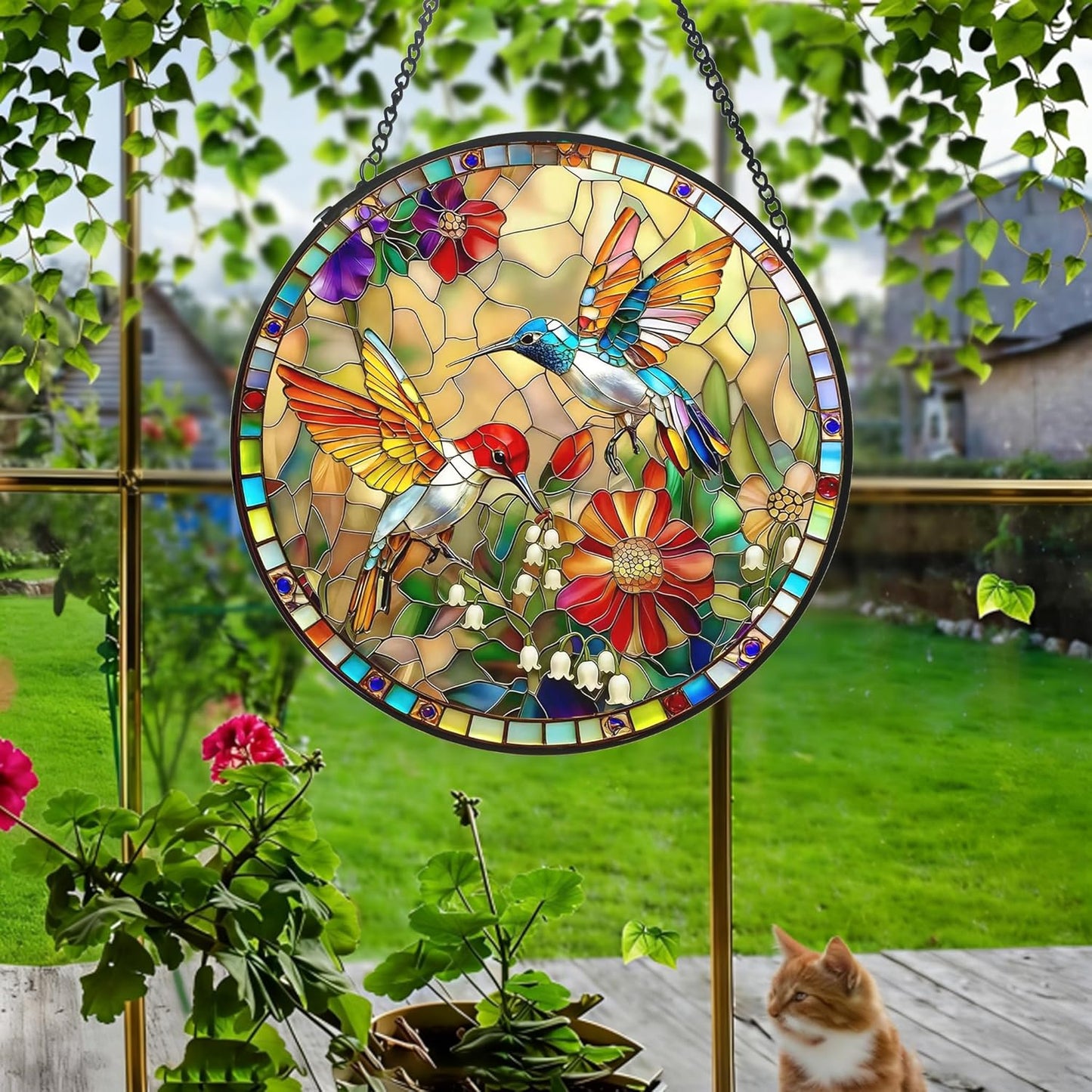 Stained Glass Window Hanging, Hummingbird Gifts Sun Catcher, Sun Catchers Indoor Window, Colorful Glass Panel,Suncatcher Room Decor,Gifts for Grandma Mom Wife,Aunt Birthday Gifts for Women 7.8in