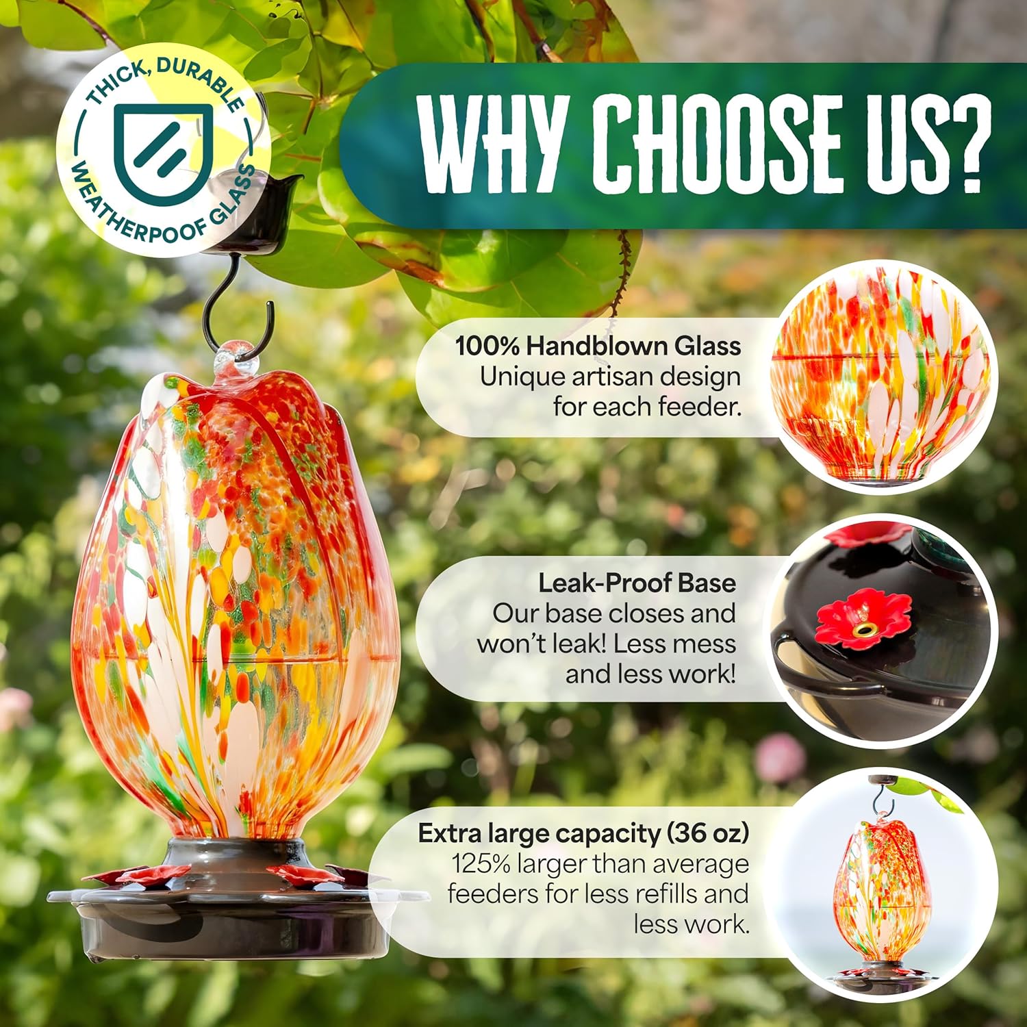 Tulip Shaped Glass Hummingbird Feeders for Outdoors - 36 Oz Hummingbir