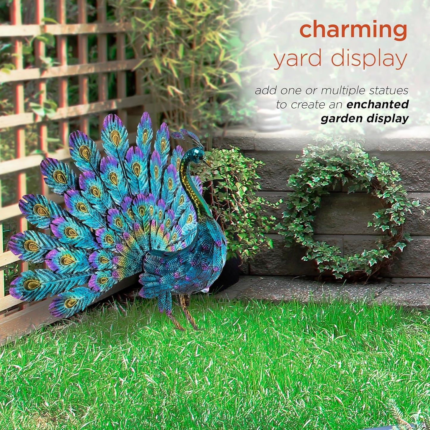 Alpine Corporation 23" Tall Outdoor Metallic Peacock Tail Spread Yard Statue, Vibrant Garden Sculpture for Patio, Lawn, or Entryway, Multicolor