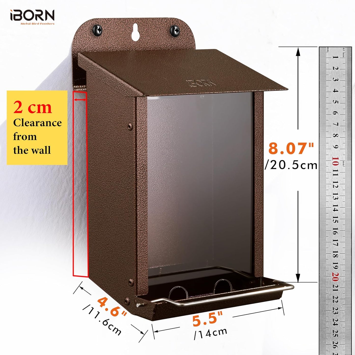 iBorn Bird Feeder for Outdoors, Wall Mounted Bird Feeder Weatherproof Metal Roof, Heavy Duty Metal Birdfeeder for Tree, Fence, Wall Screwed-in Mounting, All Detachable Easy Clean,1.3Lbs, Coffee
