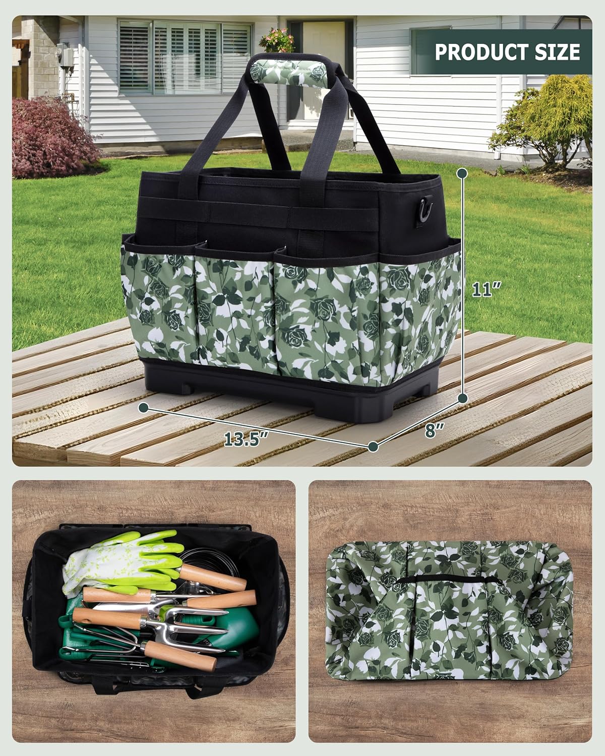 Garden Tool Bag with Hard Bottom, Garden Tote with Shoulder Strap and 