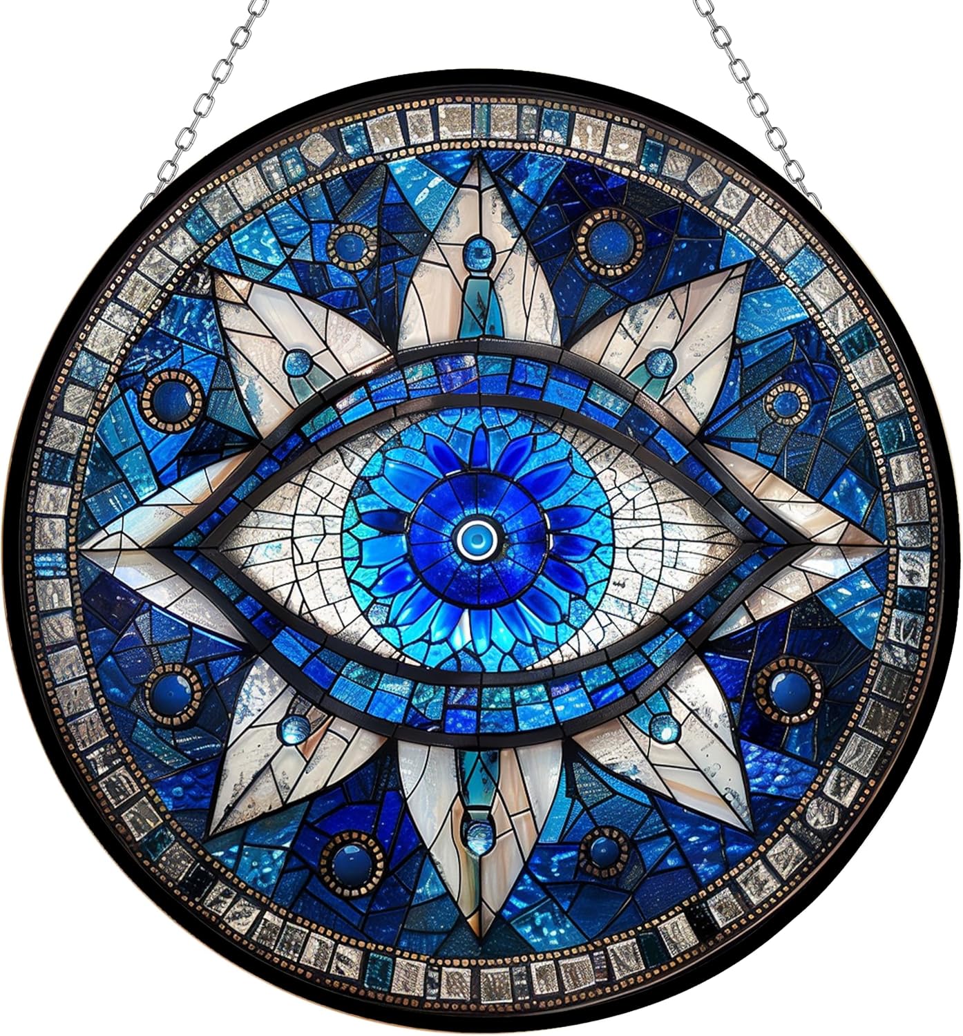 Evil Eye Stained Glass Window Hangings, Cat Butterfly Sunflower Handcrafted Stained Glass Suncatchers, Gift for Cat Lovers Nature Lovers (12”x12”)