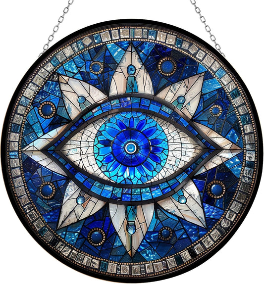 Evil Eye Stained Glass Window Hangings, Cat Butterfly Sunflower Handcrafted Stained Glass Suncatchers, Gift for Cat Lovers Nature Lovers (12”x12”)