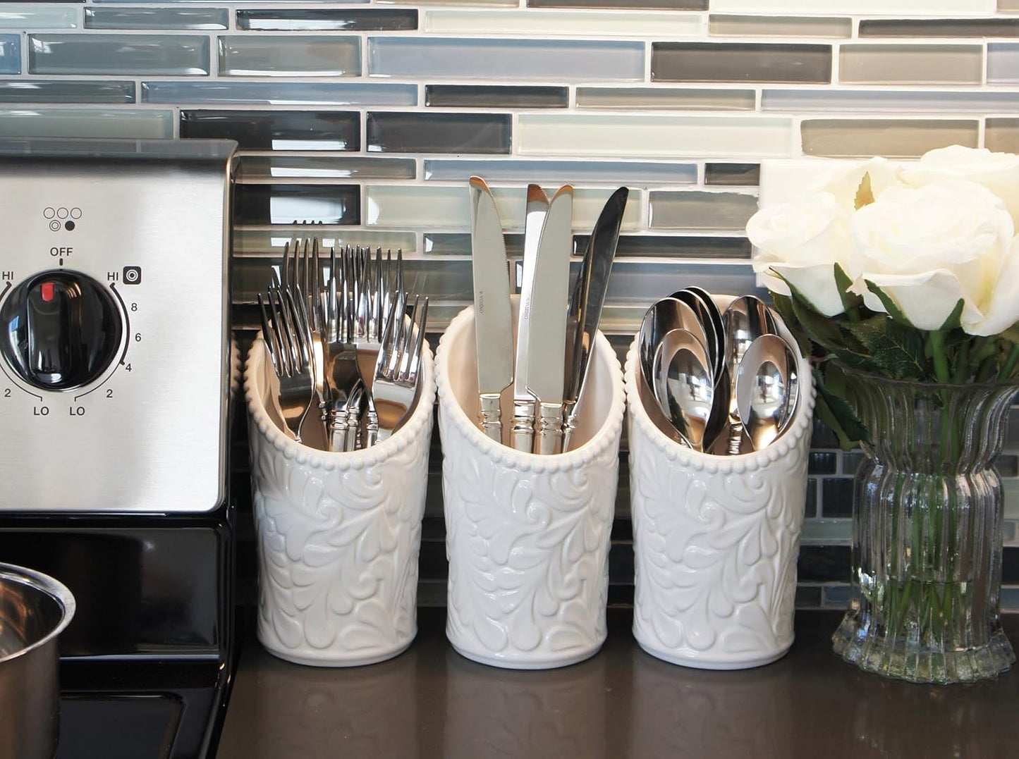 Kitchen Tool Crock (4 Pieces) - 3 Ceramic Utensil Holders (4" Dia x 7" H each) & 1 Metal Caddy - White & Embossed Design