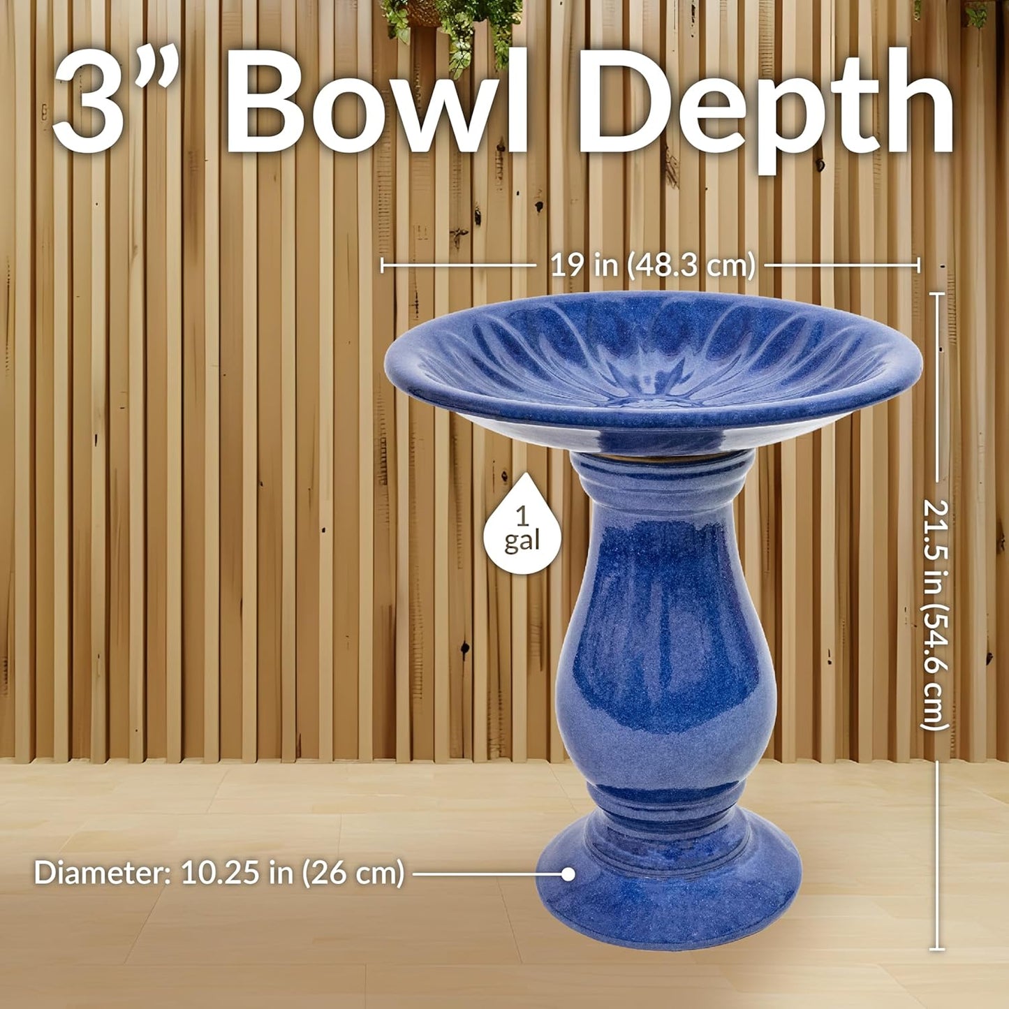 Sunnydaze Blue Ceramic Bird Bath for Outside - 21.5" H Garden Bird Bath - Daisy Embossed Bowl - UV-/Frost-Resistant Glaze Finish