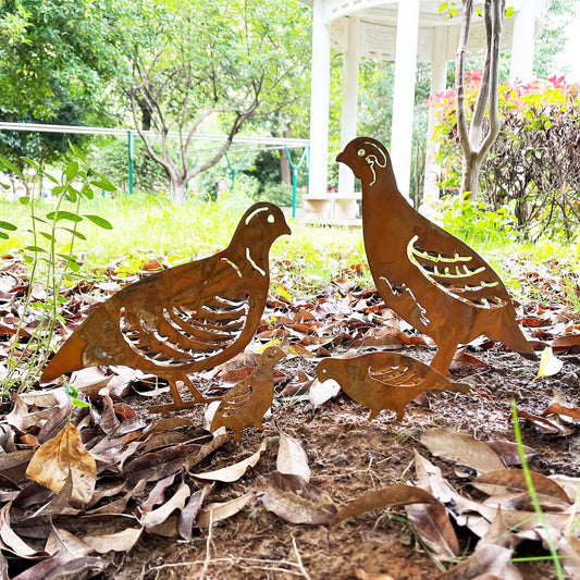 4PCS Rusty Partridge Family Decorative Garden Stakes, Metal Birds Yard