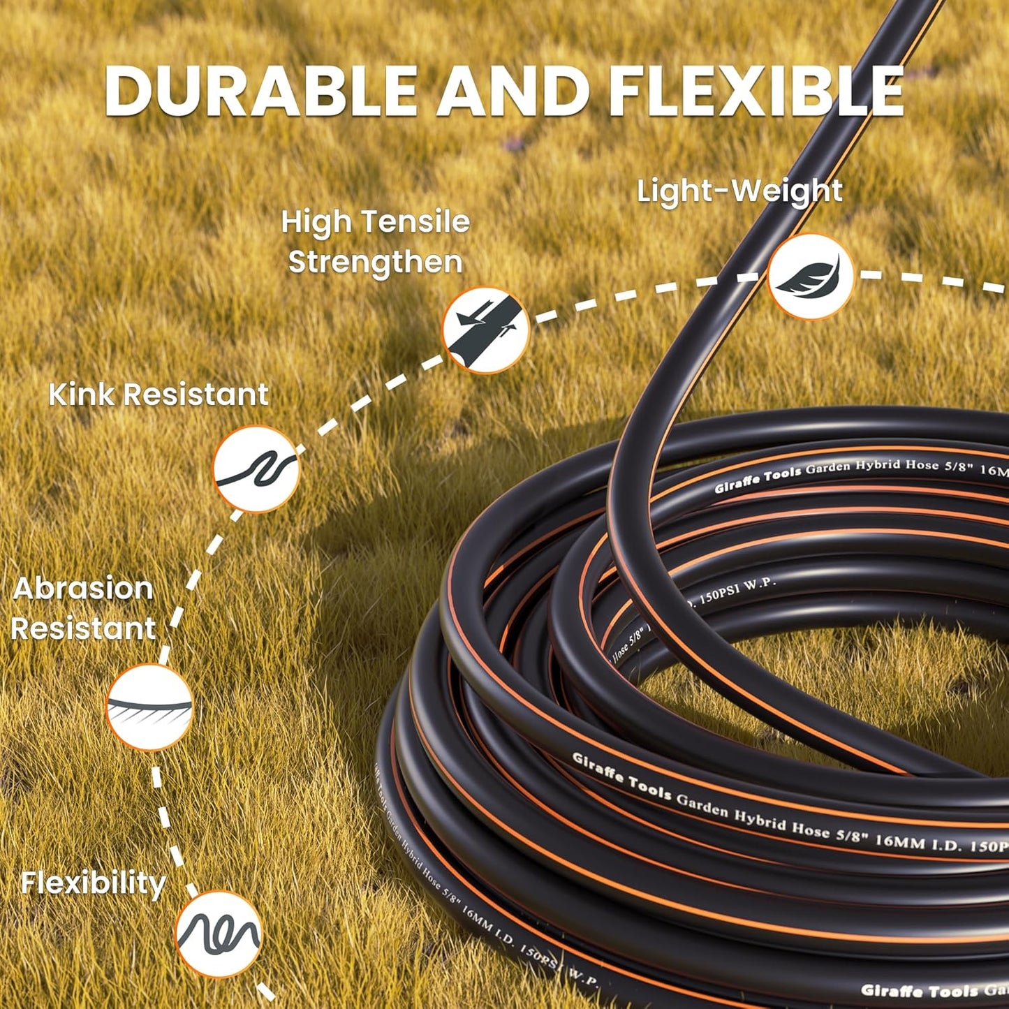 Giraffe Tools Garden Hose 5/8", Water Hose Heavy Duty, Flexible, Lightweight Hybrid Hose with Swivel Handle, 10ft Male to Female Fittings, Burst 600 PSI, Short Leader Hose