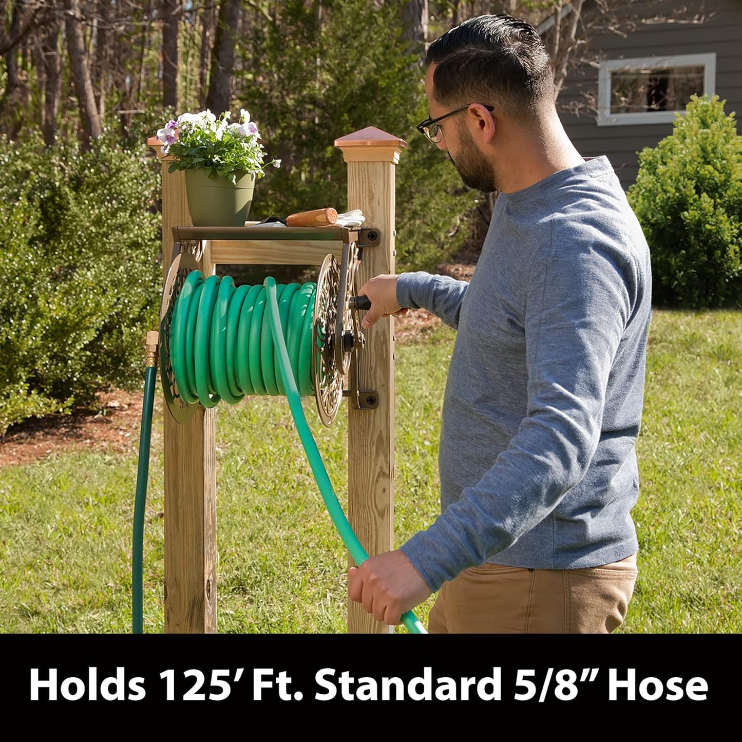 Liberty GARDEN 704 Decorative Cast Aluminum Wall Mount Garden Hose Reel, Holds 125-Feet of 5/8-Inch Hose - Bronze