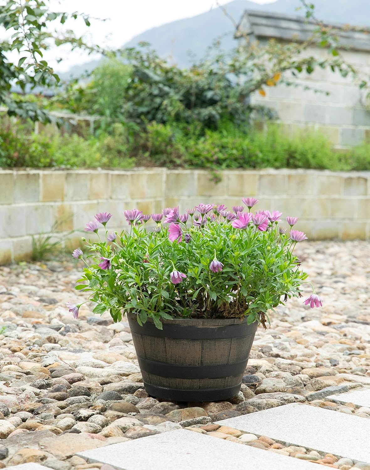 Gardenised Rustic Wood- Look Plastic Half Barrel Flower Pot Bucket Planter, Pack of 4