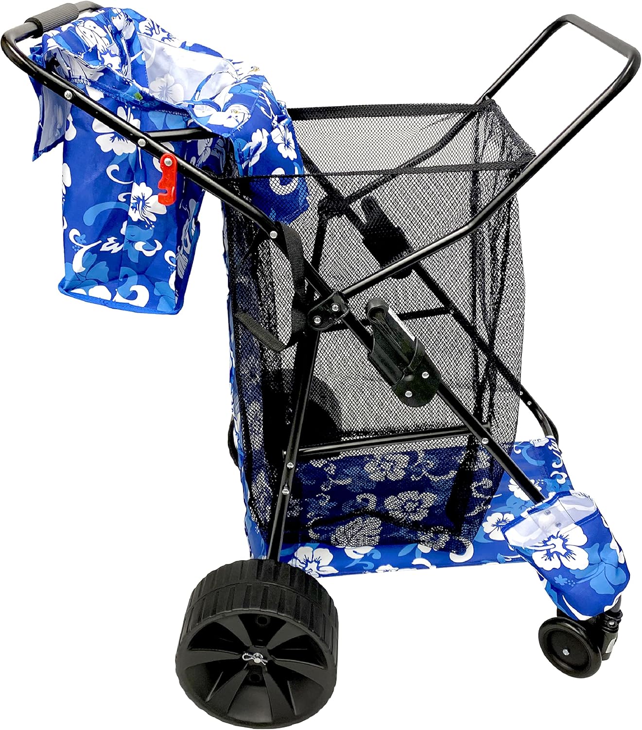 Beach Cart Deluxe Heavy Duty Folding Ocean Utility Large Sand Wheels Holds 4 Folding Chairs Umbrella Holder Removable Storage Bag – Premium Flower Pattern