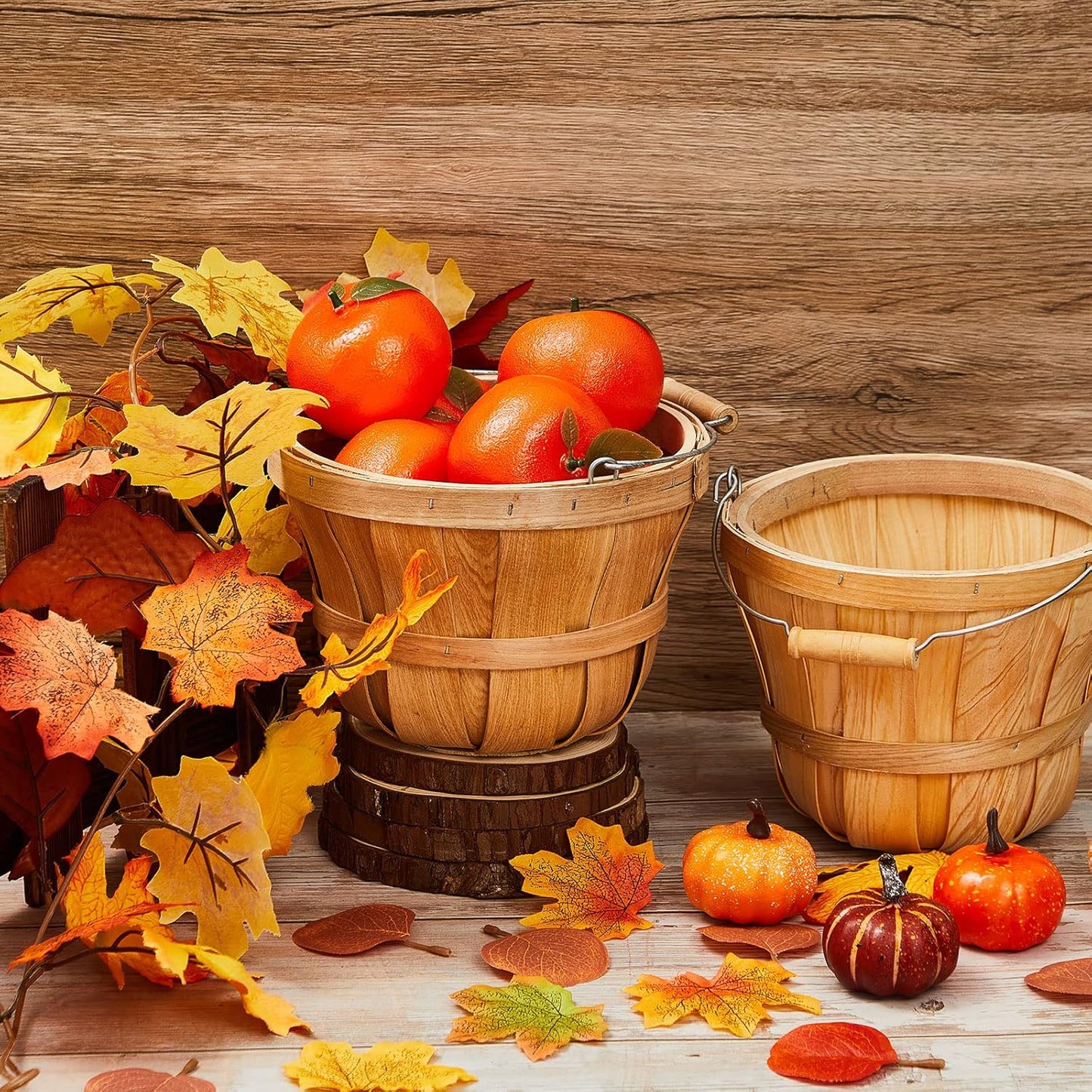 Tatuo 2 Pcs Round Wooden Apple Baskets Wood Fruit Buckets with Handle Fall Harvest Basket Portable Bushel for Market Vegetables Garden Home Party Supplies Easter Gifts (Wood Color)
