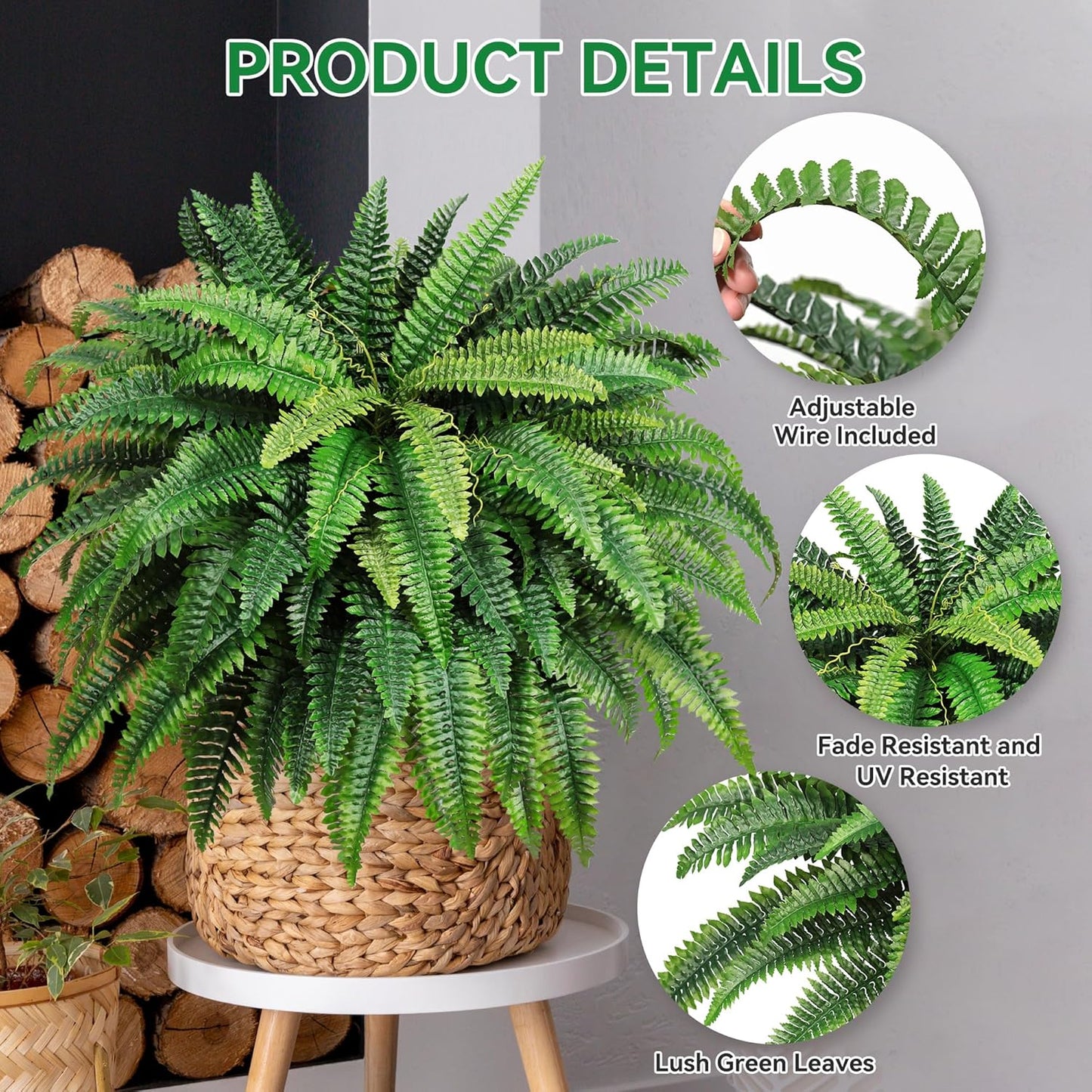 48" Large Artificial Ferns Plants for Outdoors Indoors,UV Resistant 95Branches Faux Boston Fern Bush for Front Porch Decor,Large Hanging Fake Fern Plant Greenery for Entrance Garden Planter Home Decor