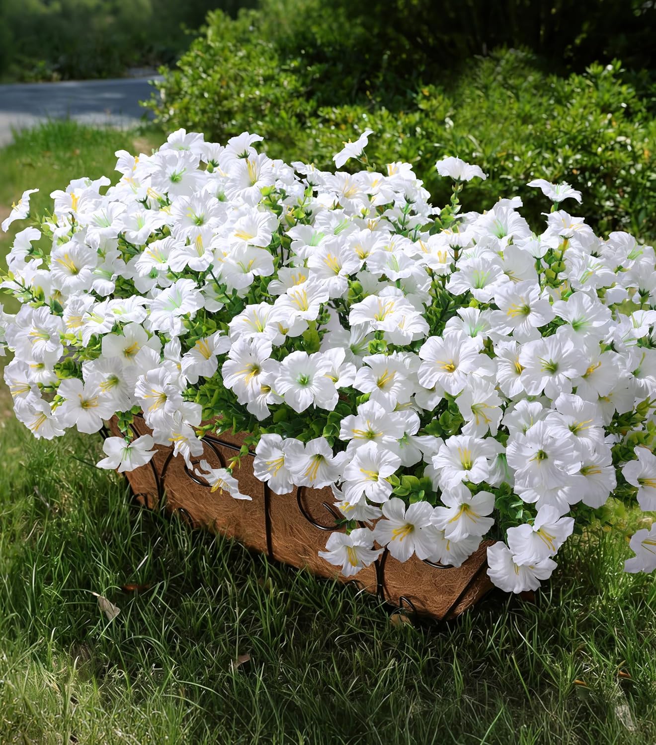 Artificial Flowers for Outdoors Fake Plants Outside Decoration, 20 Bundles White Silk Petunia with Eucalyptus UV Resistant Realistic Faux Flowers for Outdoor Planters Garden Balcony Yard Porch Patio