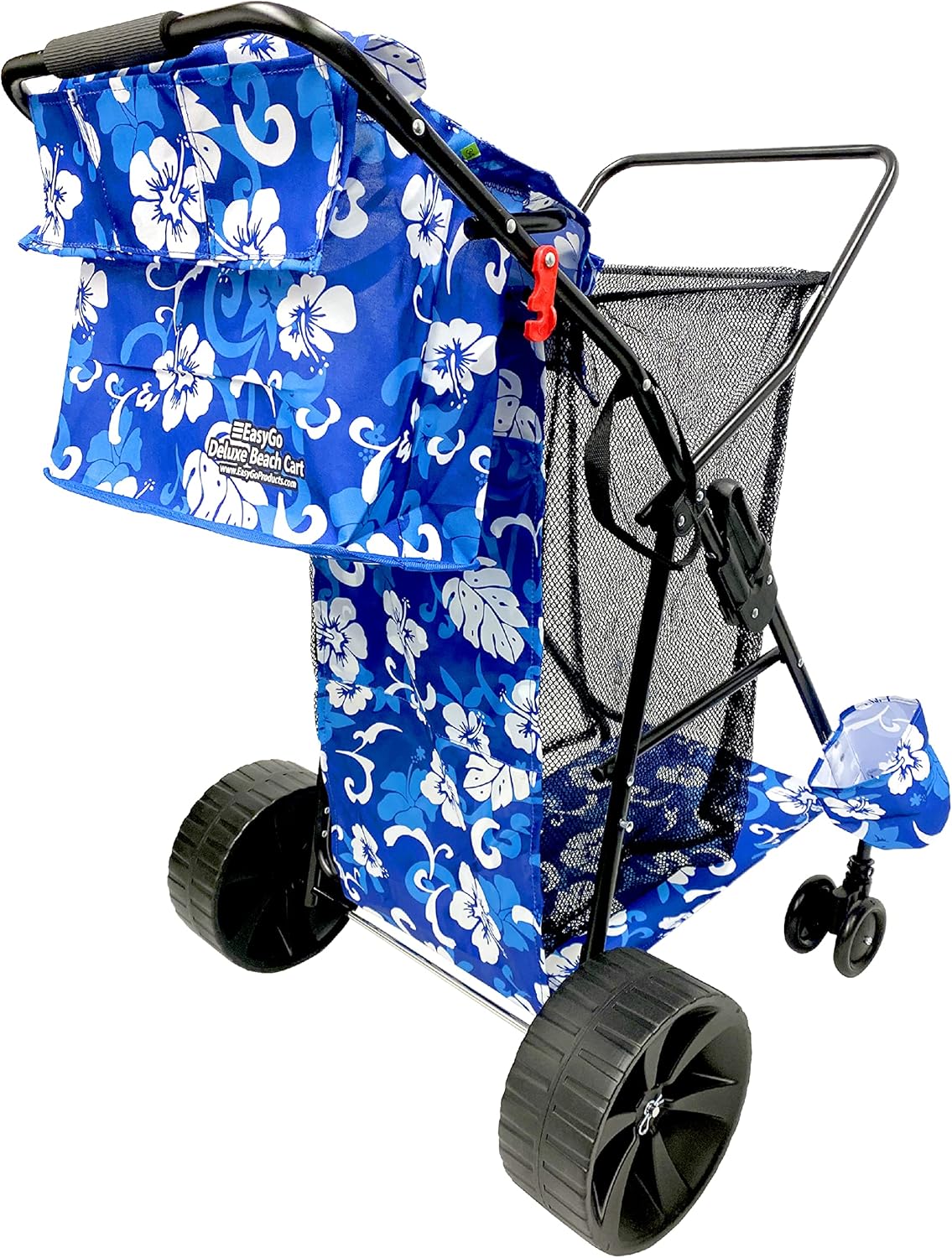 Beach Cart Deluxe Heavy Duty Folding Ocean Utility Large Sand Wheels Holds 4 Folding Chairs Umbrella Holder Removable Storage Bag – Premium Flower Pattern