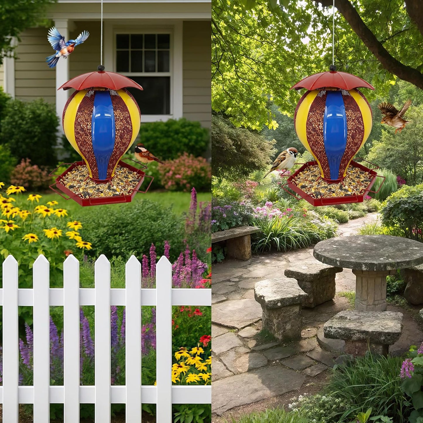 Metal Roof Bird Feeder - Chew Proof for Outdoor Hanging Wild Bird Seeds. red, Appearance of The hot air Balloon，Outside Wild Watching for Garden, Yard, Elderly Kids Viewing.