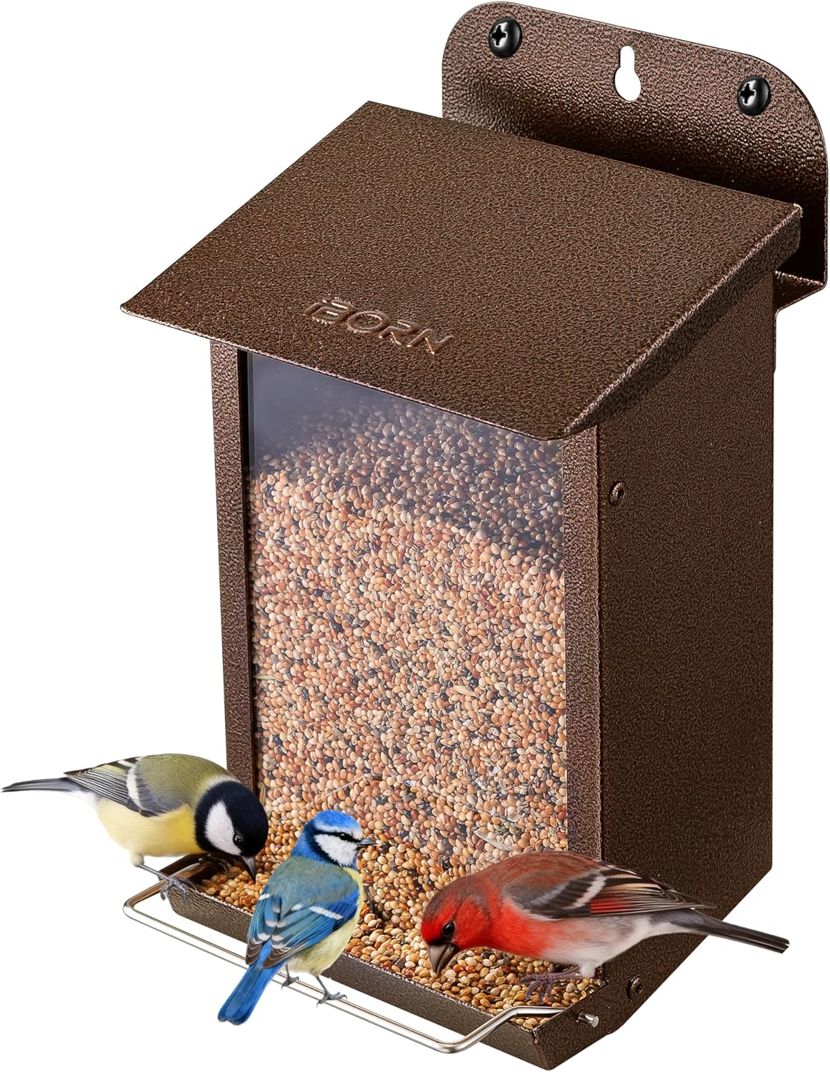 iBorn Bird Feeder for Outdoors, Wall Mounted Bird Feeder Weatherproof Metal Roof, Heavy Duty Metal Birdfeeder for Tree, Fence, Wall Screwed-in Mounting, All Detachable Easy Clean,1.3Lbs, Coffee