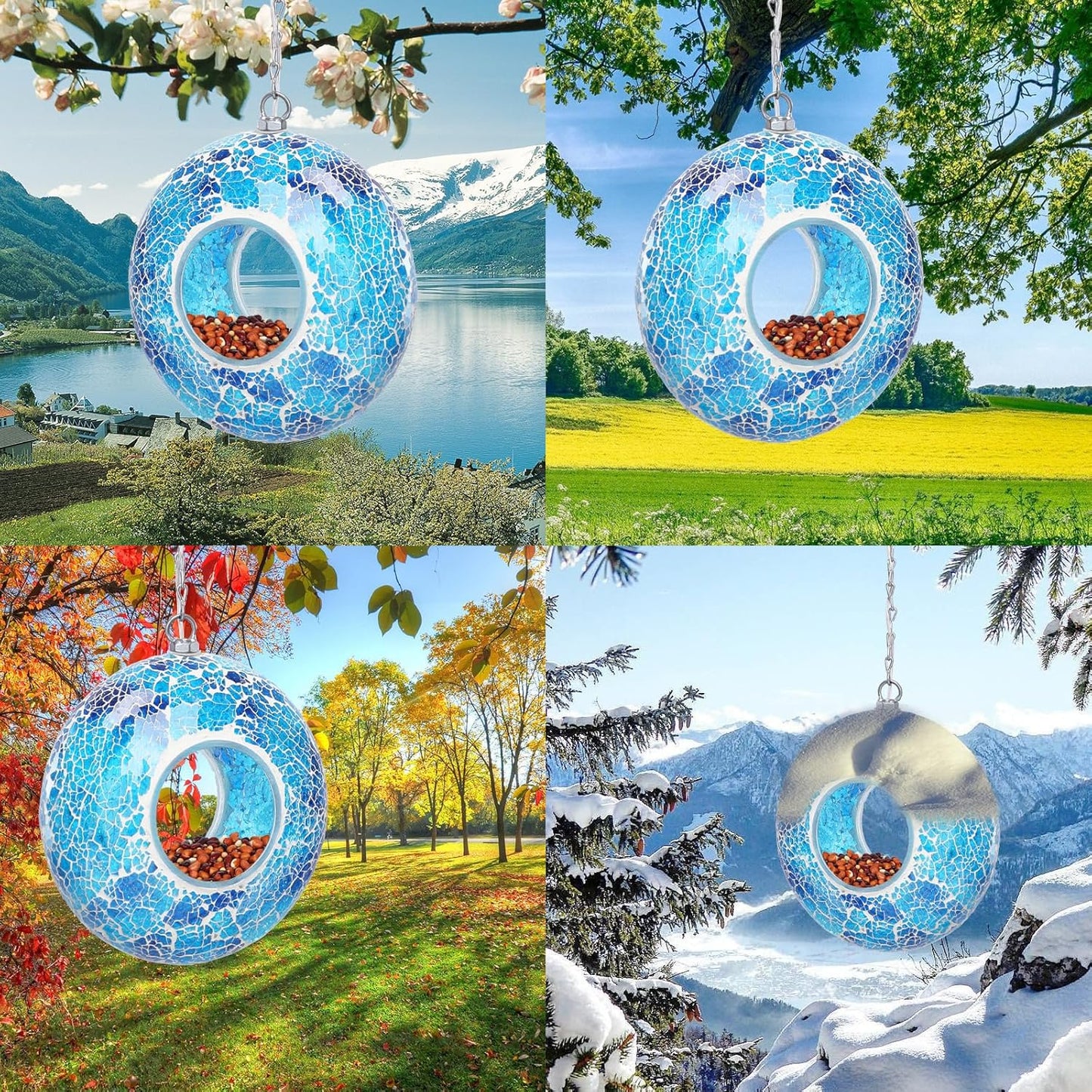Yinns Solar Bird Feeder - Mosaic Fly Through Bird Feeders for Outside Hanging with Round Shape Glass Container Birdfeeder for Garden Decor, 8 Inch