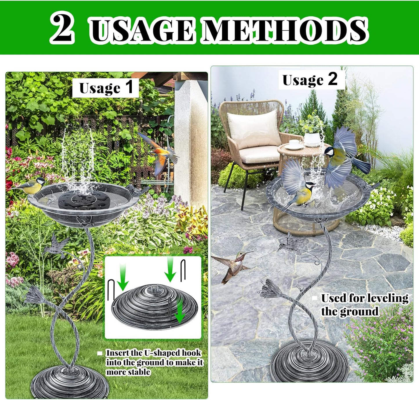 Bird Bath Garden for Outside, Vintage Metal Birdbaths Bowl with Roman Pedestal for Outdoors, Standing Bird Bath Bowl Birdfeeder for Yard Lawn Decor (Vintage Silver - Hummingbird)