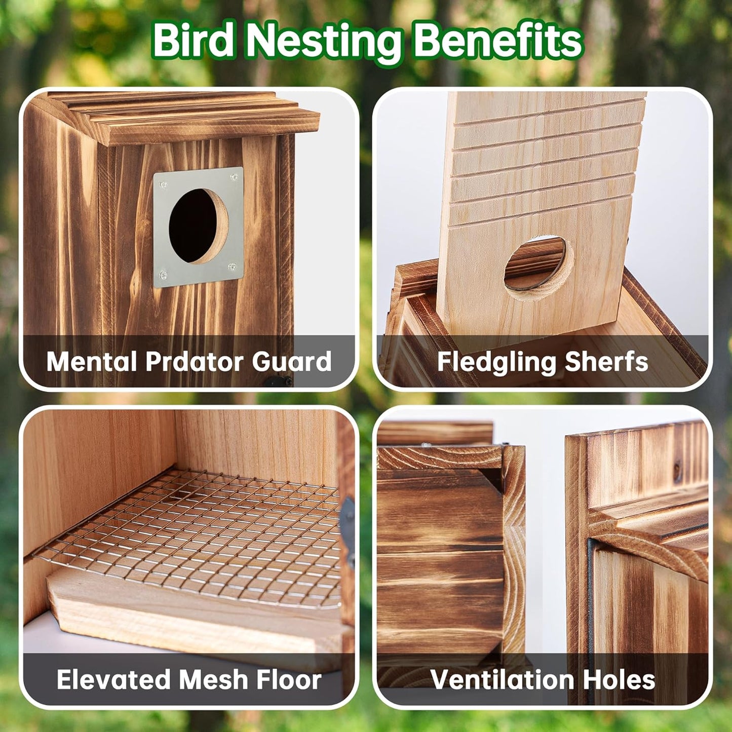 Bird Houses for Outside with Metal Predator Guard for Bluebird Wren Swallow Finch, Carbonized Wooden Nesting Boxes for Outdoor, Sturdy Bird House,Easy to Clean