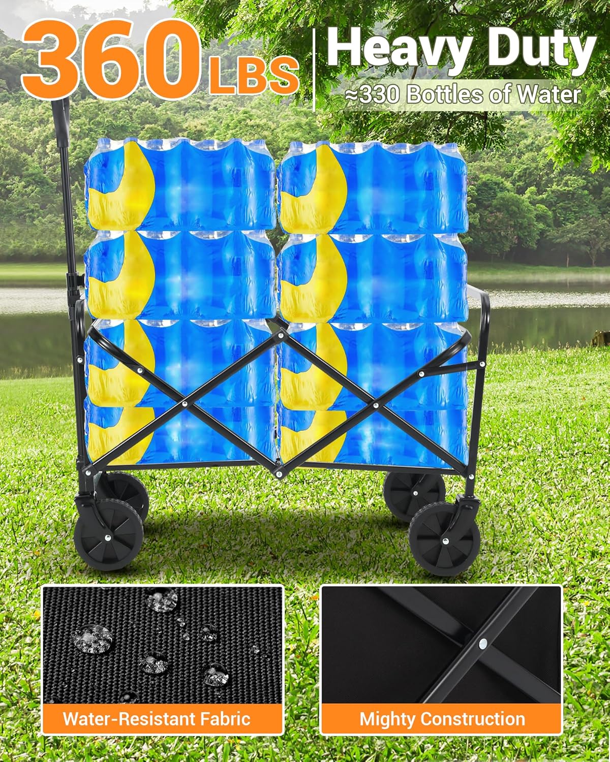 Wagon Cart Heavy-Duty 360LBS Foldable，All-Terrain Collapsible Utility Cart with 360° Wheels & Drink Holders for Beach, Camping, Gardening, Grocery (Black)