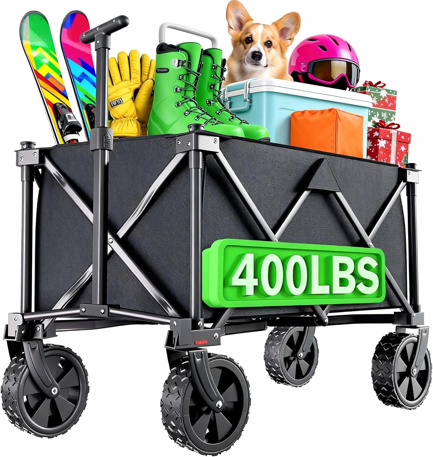 BEAU JARDIN Collapsible Folding Wagon Cart with Big Wheels Foldable Cart with 400LBS Capacity Utility Lightweight Wagon Heavy Duty Grocery Cart for Skiing Ice Fishing Camping Garden Shopping Christmas