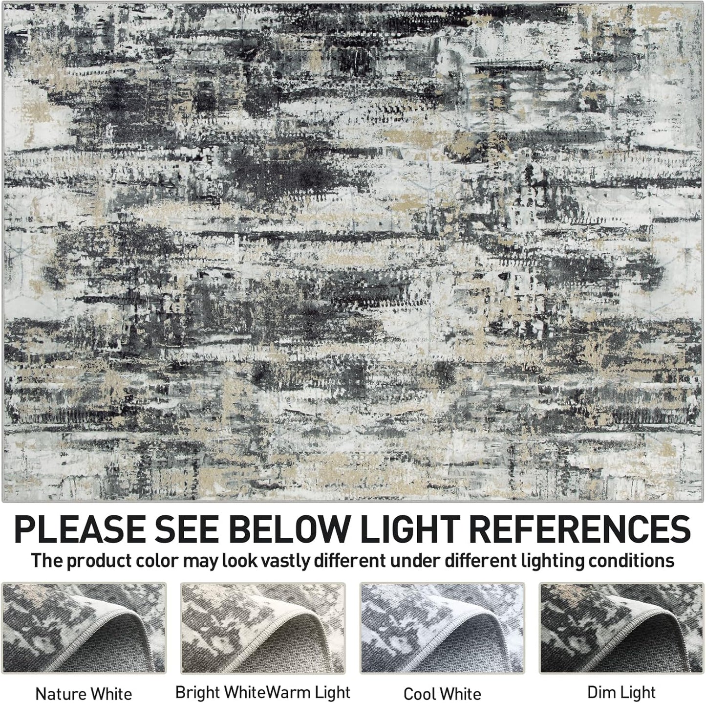 8x10 Area Rugs Washable Rug: Large Modern Abstract Living Room Rug Soft Anti-Skid Thin Carpet Indoor Floor Non-Shedding Carpets for Bedroom Dining Farmhouse Nursery Home Office Black Grey Gold