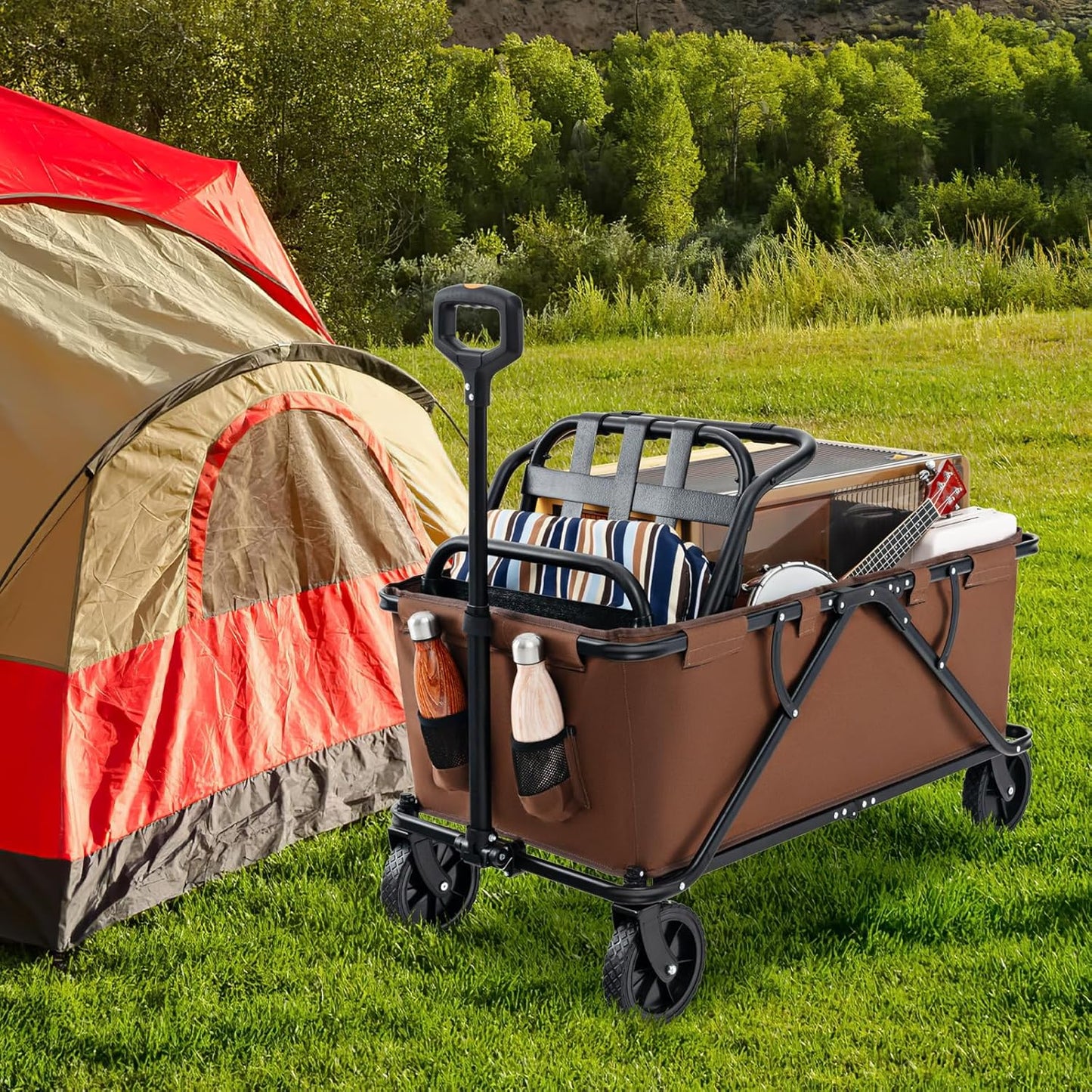 GYMAX Collapsible Wagon Cart Heavy Duty, Beach Wagon with Adjustable Handlebar, Bottle Holders & All-Terrain Wheels, Utility Wagon Foldable for Camping, Shopping, Garden, Sports (Brown)