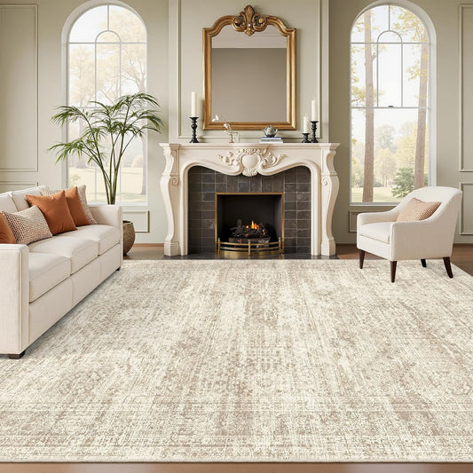 Washable Area Rug 8x10, Large Soft Rugs for Living Room Vintage Beige 