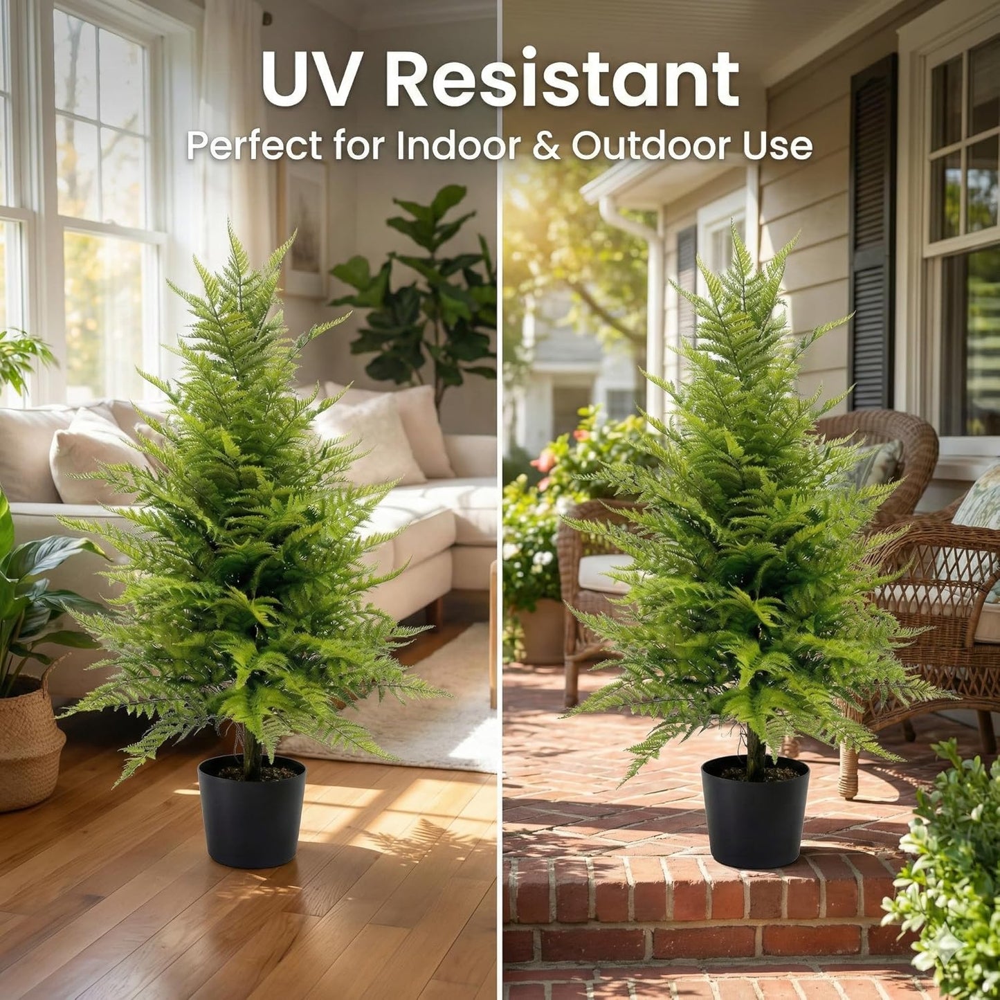Artificial Plants Outdoor Fake Plants Faux Fern Tree 3FT Tall - Large Realistic UV Resistant Artificial Ferns with Cement Pot, 2 Pack Potted Greenery Decor for Front Porch Patio Indoor Home Office