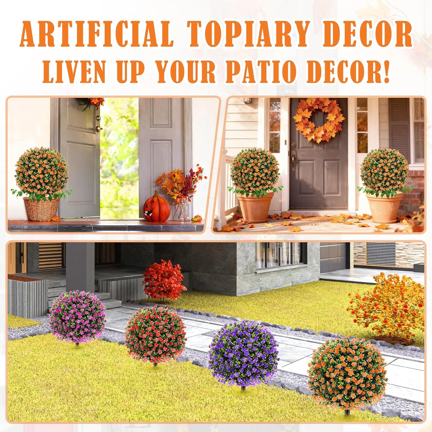 28" Artificial Flower Bushes with Ground Stakes – Artificial Boxwood Topiary Trees with Roses Orange Faux Floral Plants with Autumn Leaves for Outdoor Thanksgiving, Garden, Pathway, Porch Décor
