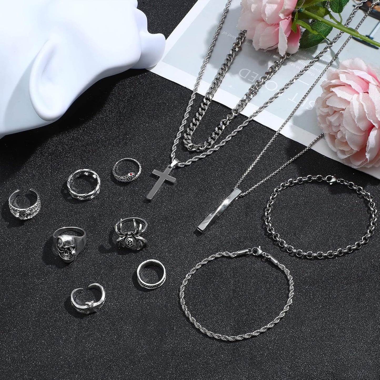 NEWITIN 15 Pieces Silver Jewelry Set for Men Stainless Steel Cuban Lin